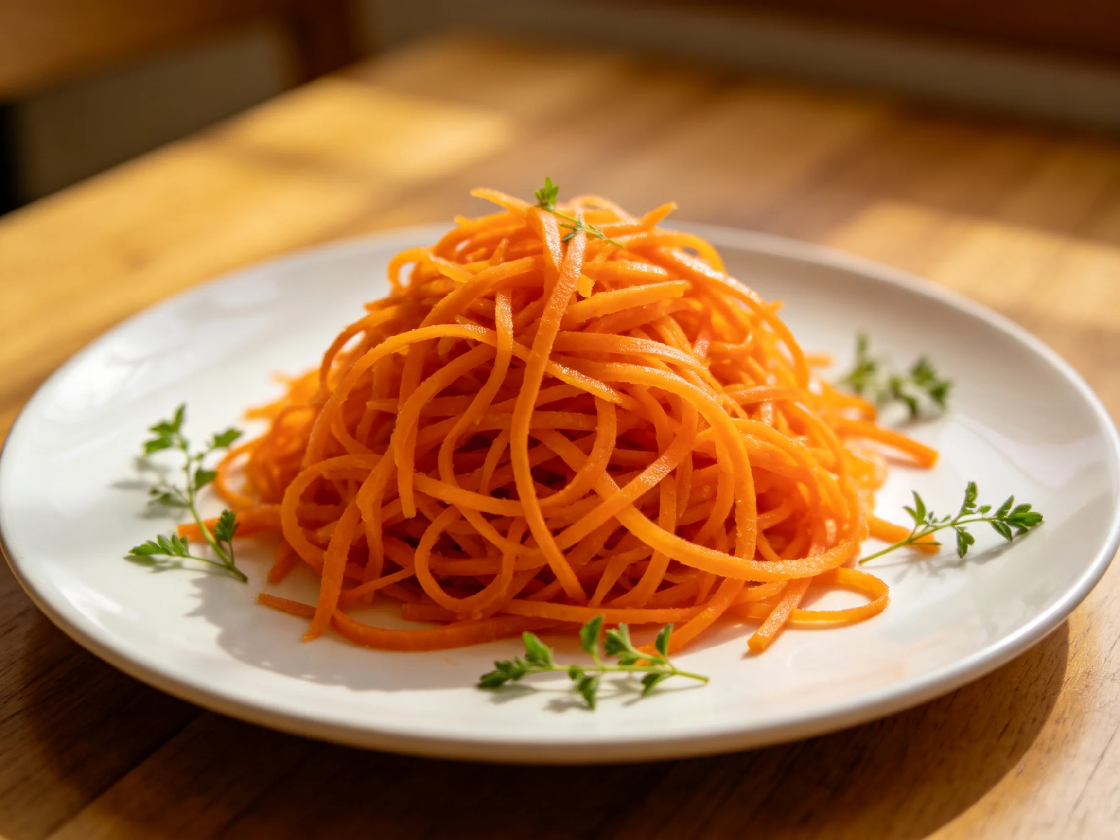 Shredded orange carrot salad served on a white plate with herb decorations