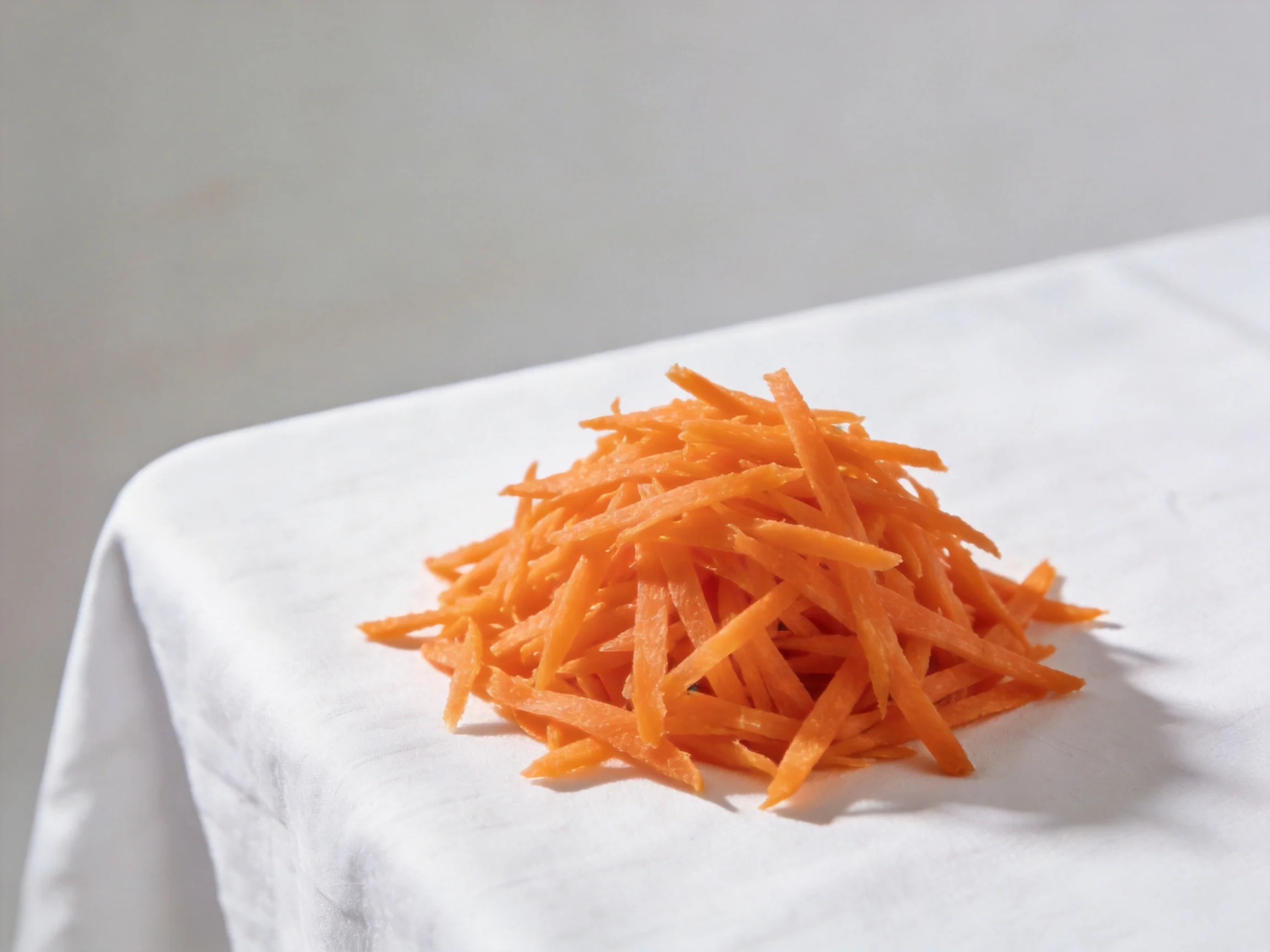 Shredded orange carrot strips arranged on a white cloth surface