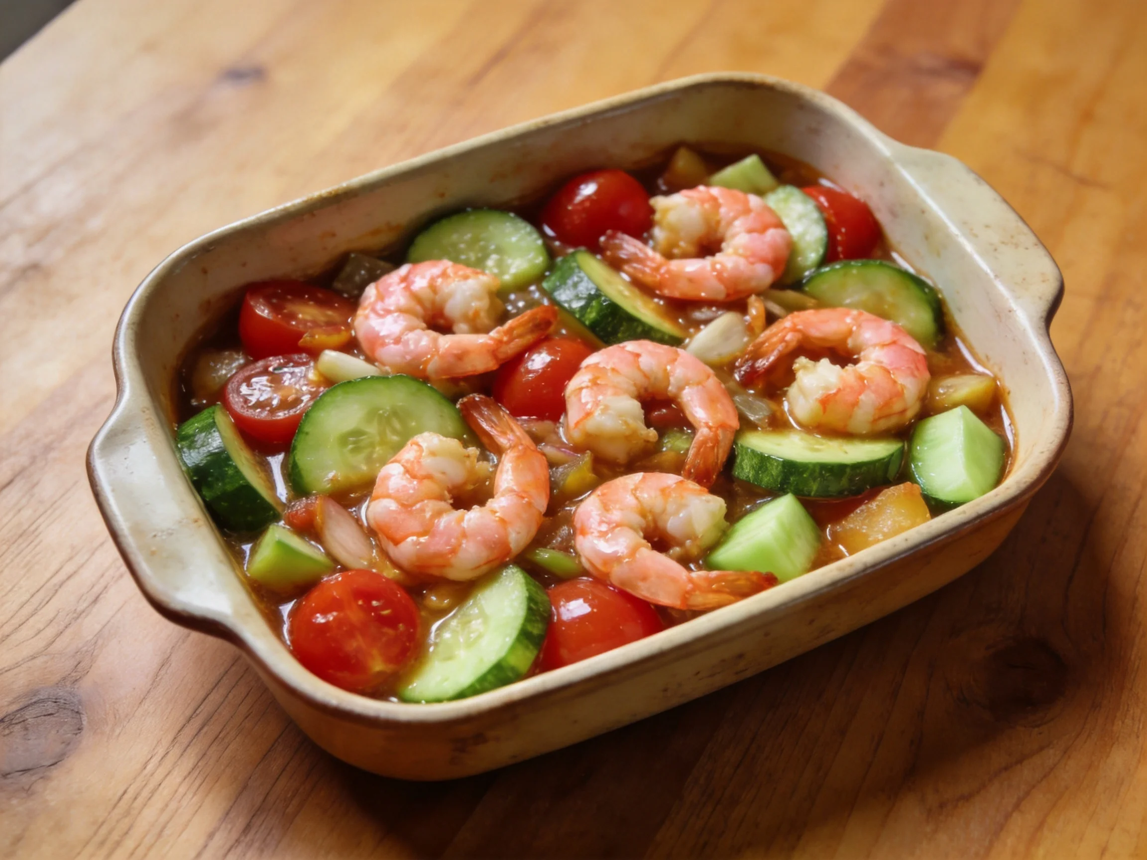 Shrimp and vegetable medley in a rectangular ceramic baking dish