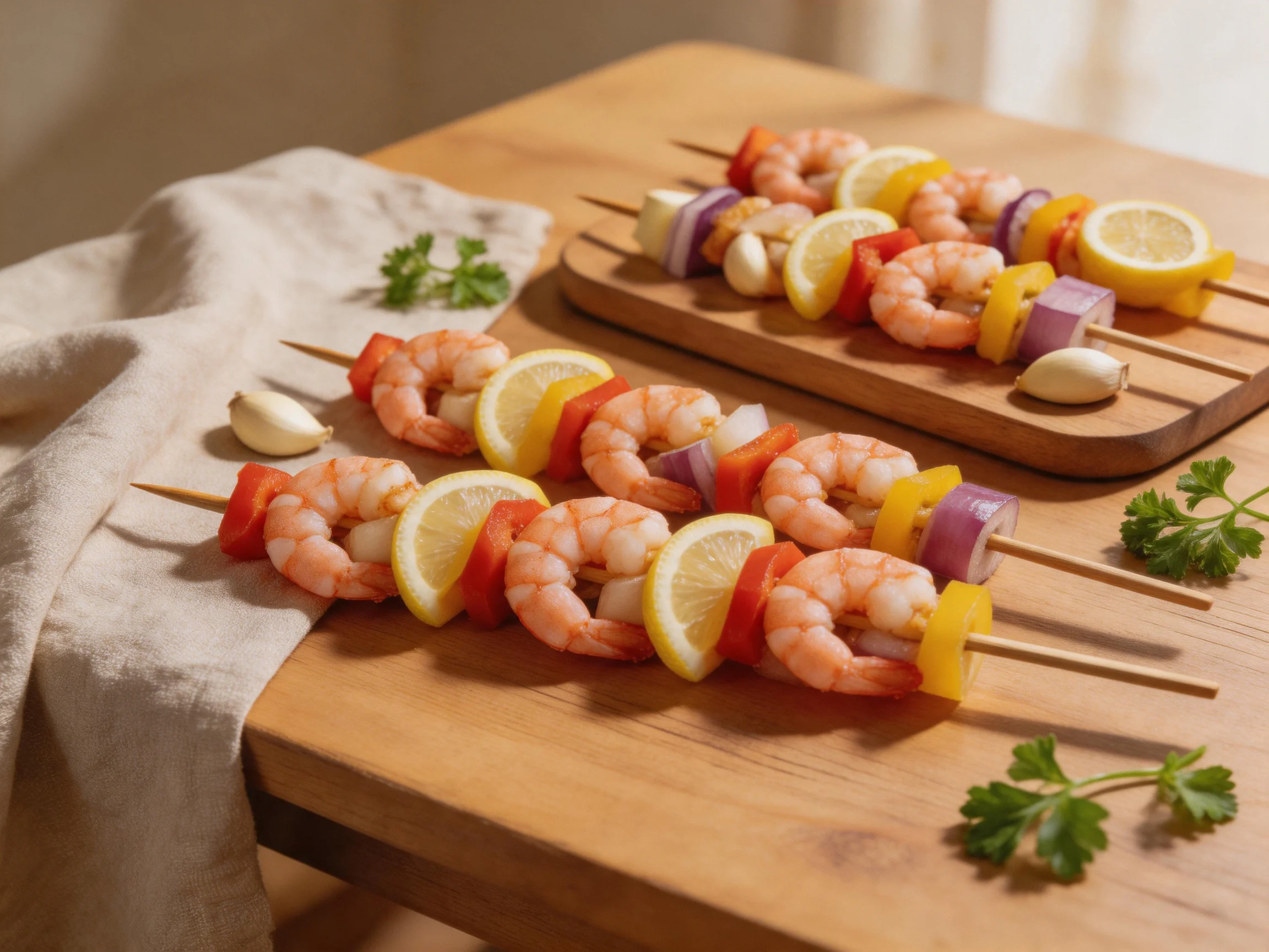 Shrimp and vegetable skewers displayed on wooden serving boards