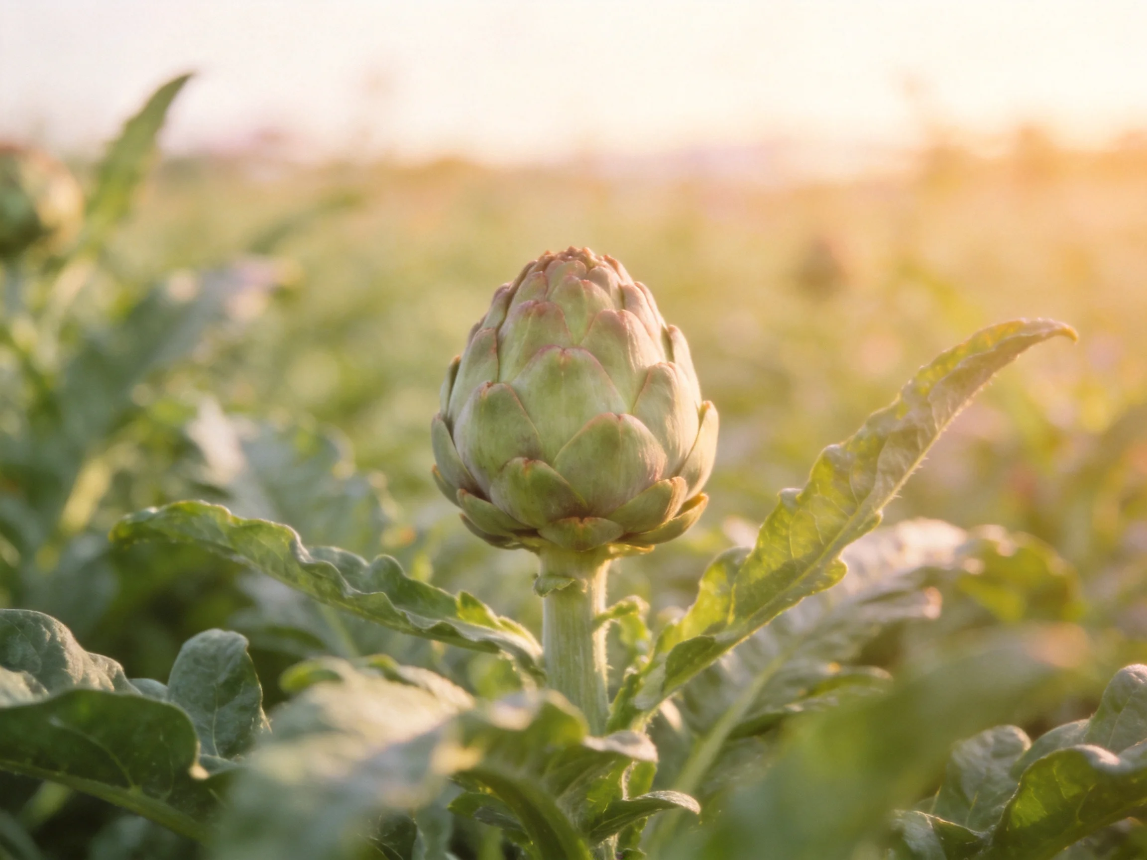 Single artichoke bud amid lush green foliage under golden sunlight