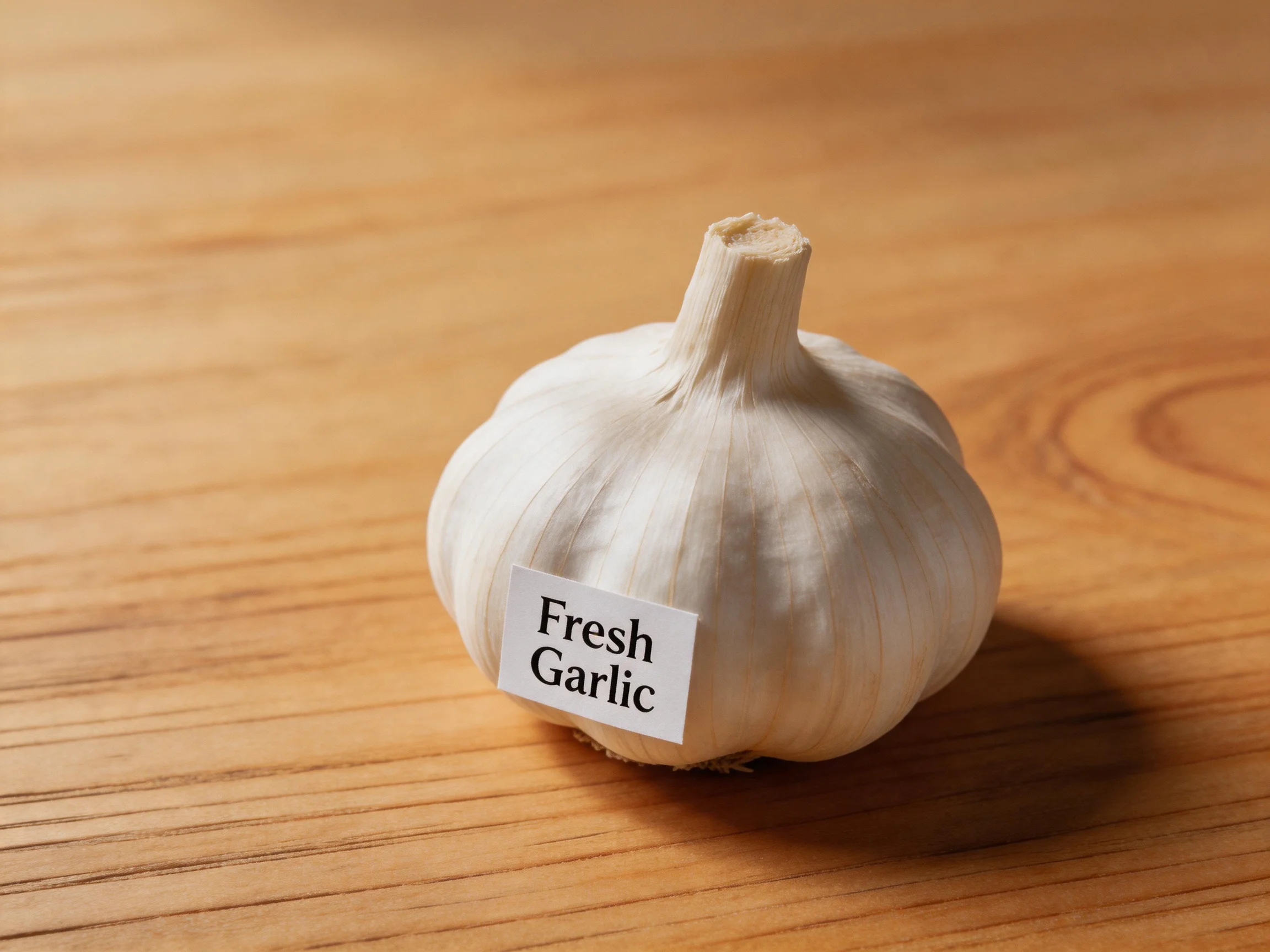 Single fresh garlic bulb rests on a polished wooden surface