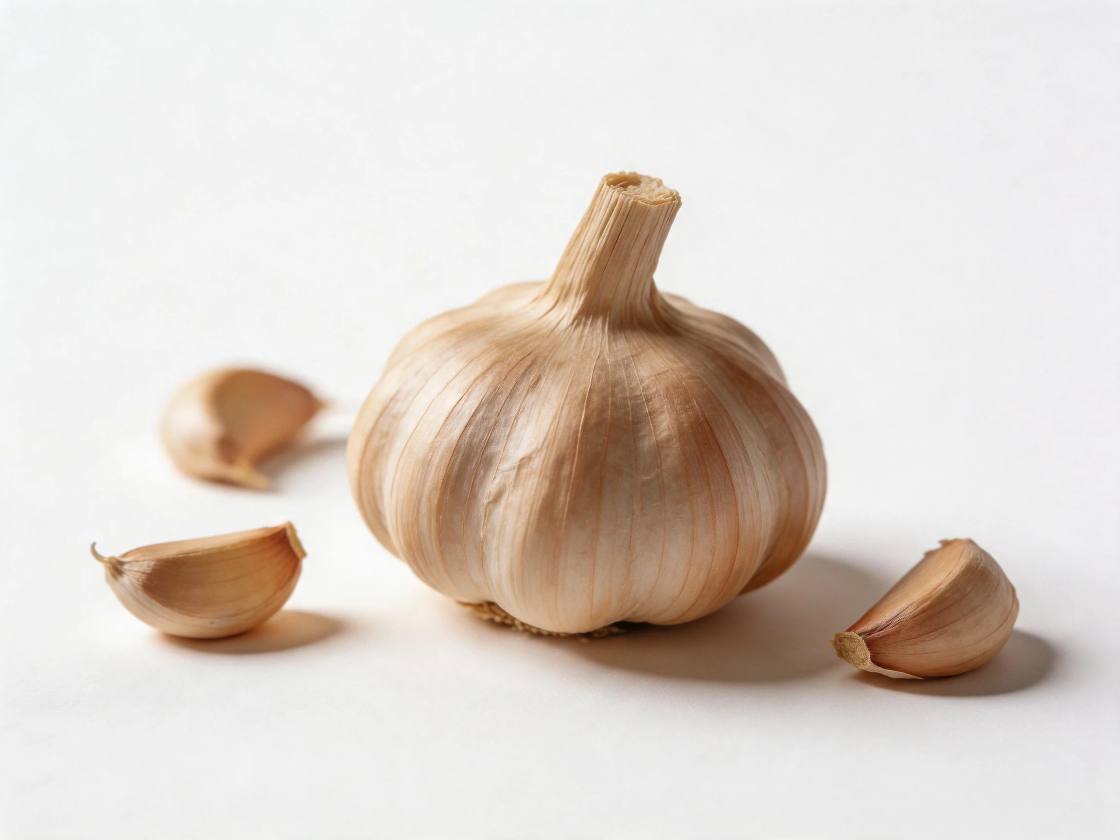 Single garlic bulb with three cloves scattered nearby on plain white background