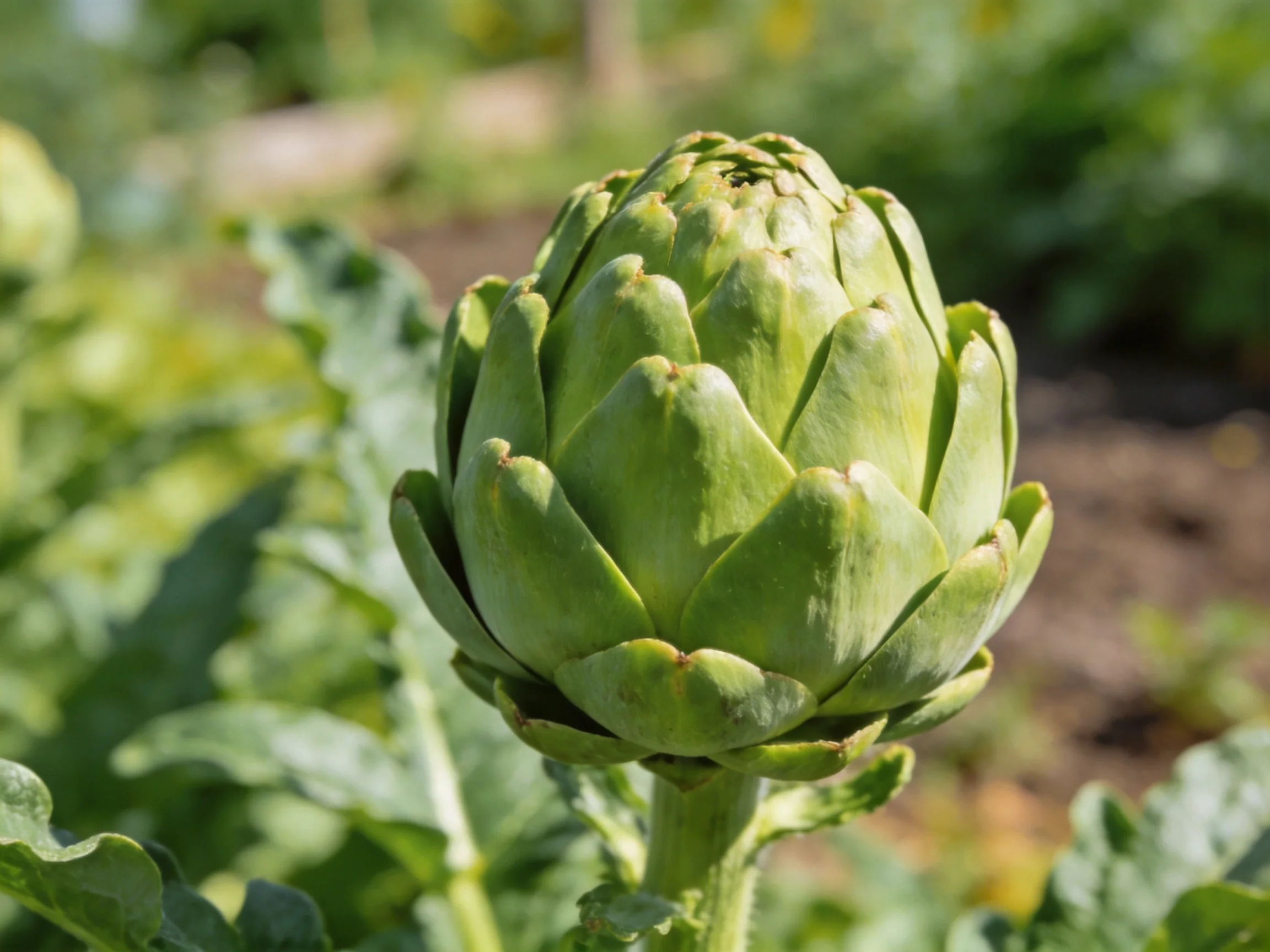 Single green artichoke bud growing in garden setting
