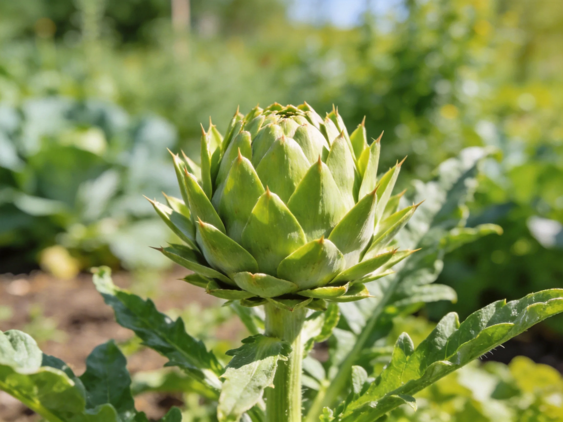 Single green artichoke bud in sunlit vegetable garden