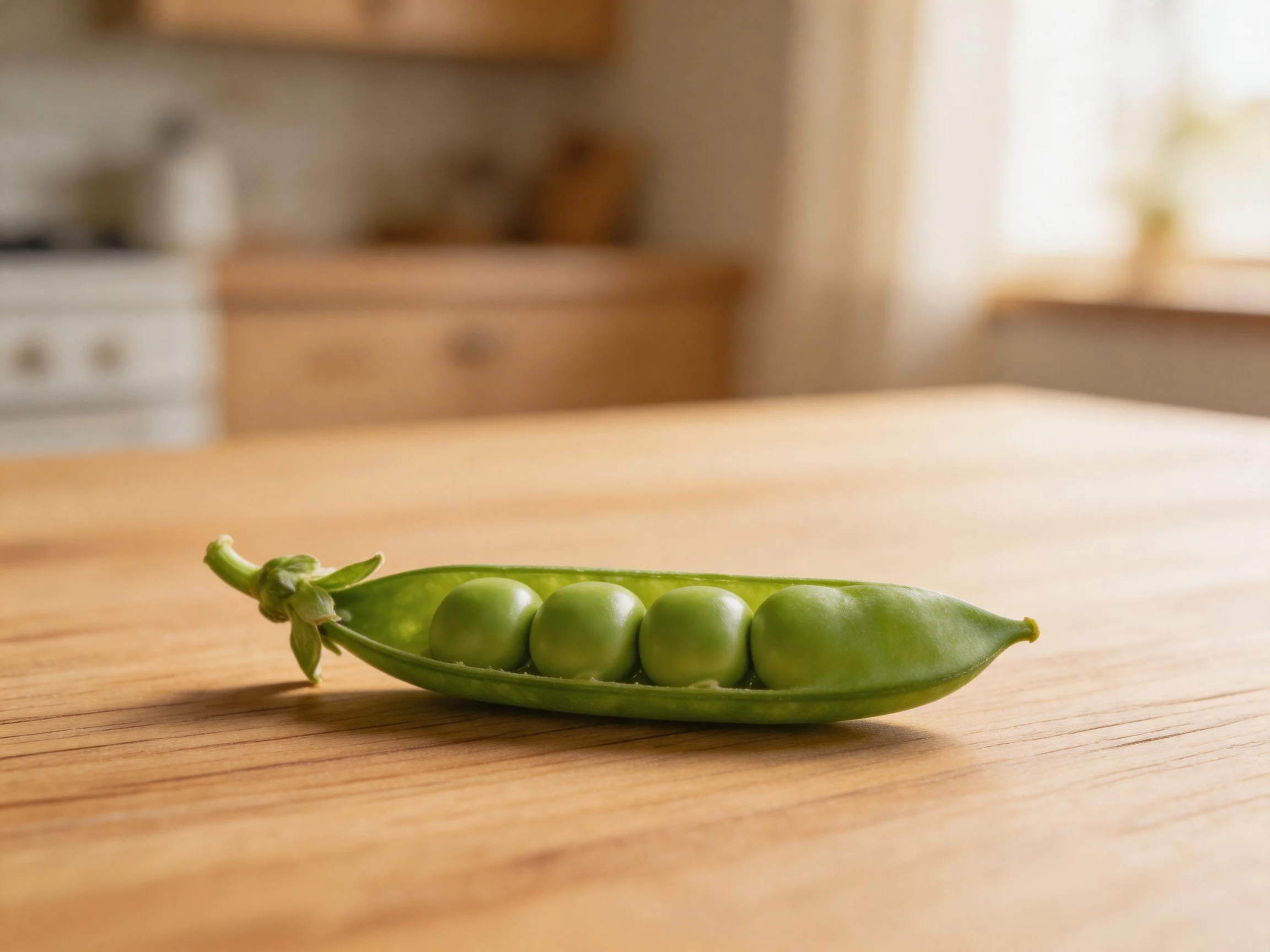 Single green pea pod with four peas on a wooden kitchen table