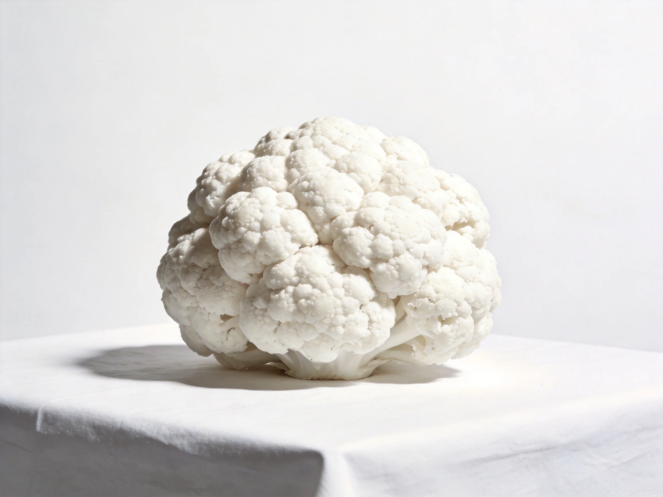 Single large white cauliflower displayed on plain white cloth