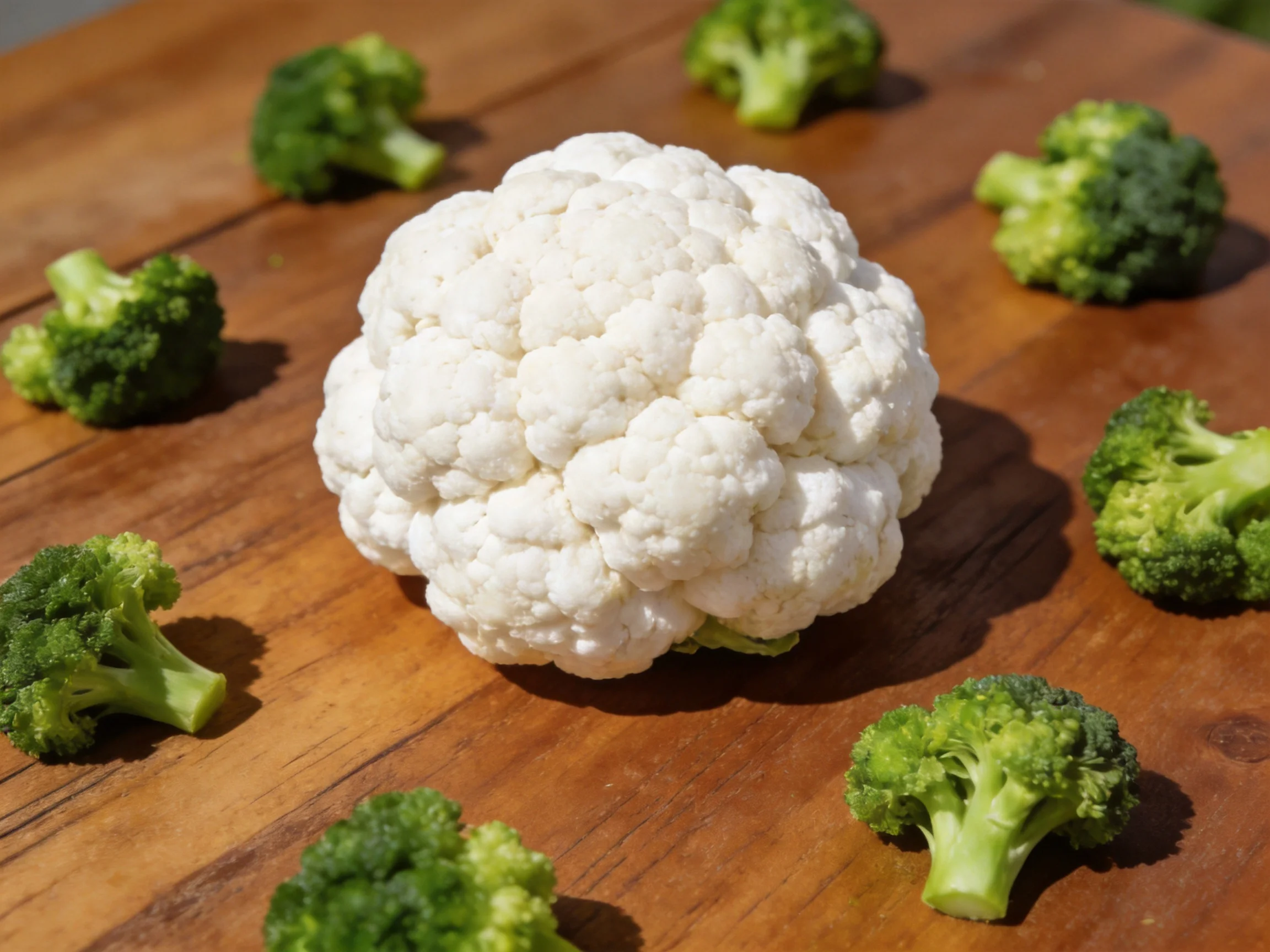 Single large white cauliflower with small green broccoli florets on wooden surface