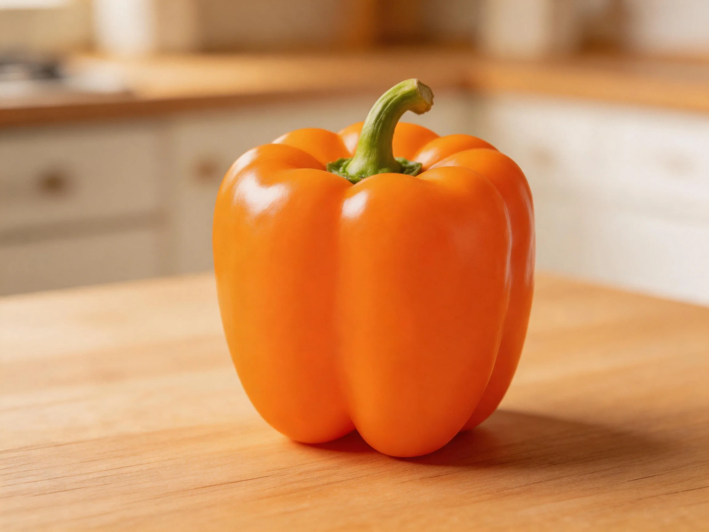Single orange bell pepper placed on smooth wooden surface in kitchen setting