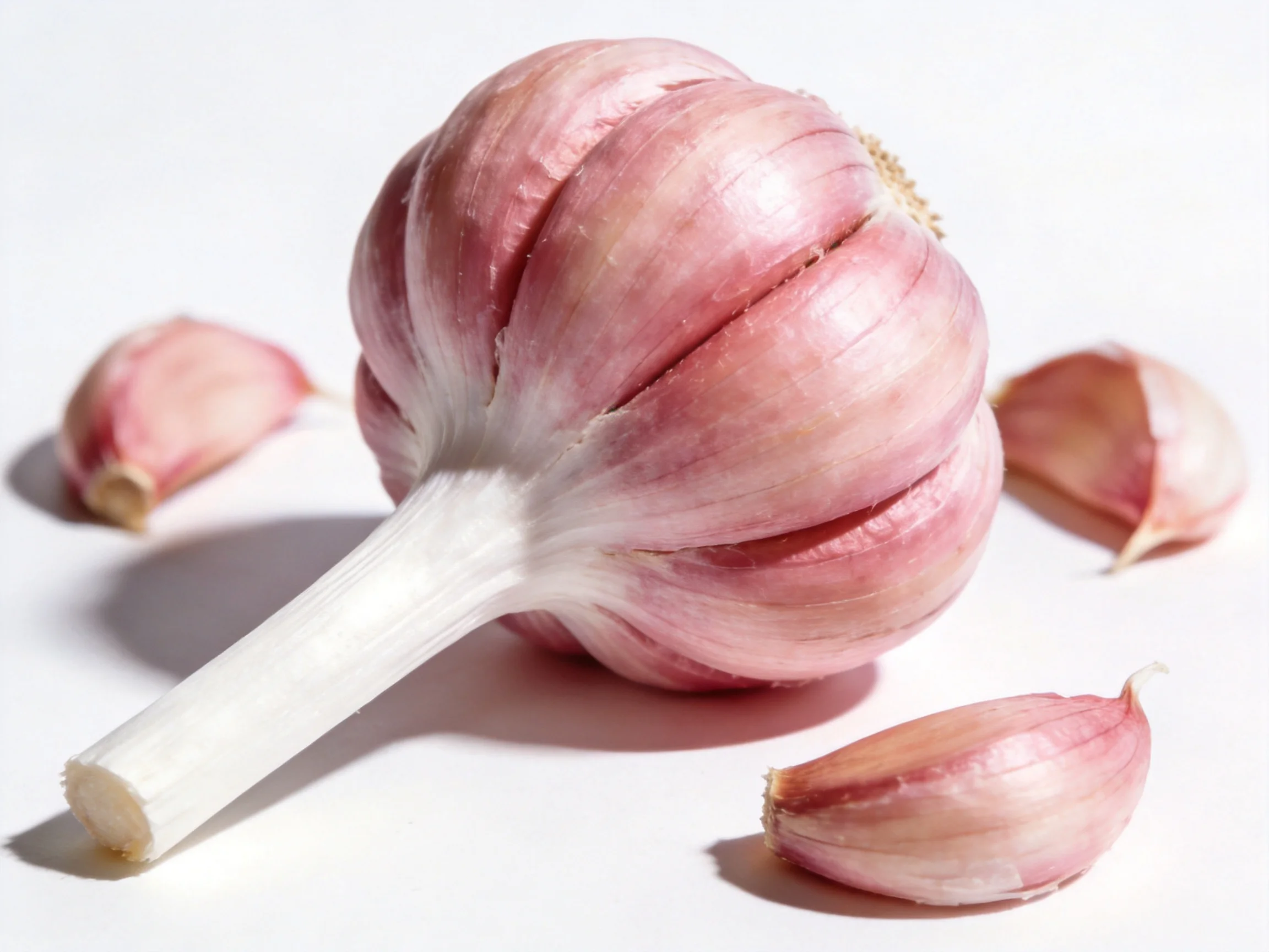 Single purple-hued garlic bulb with scattered cloves on white