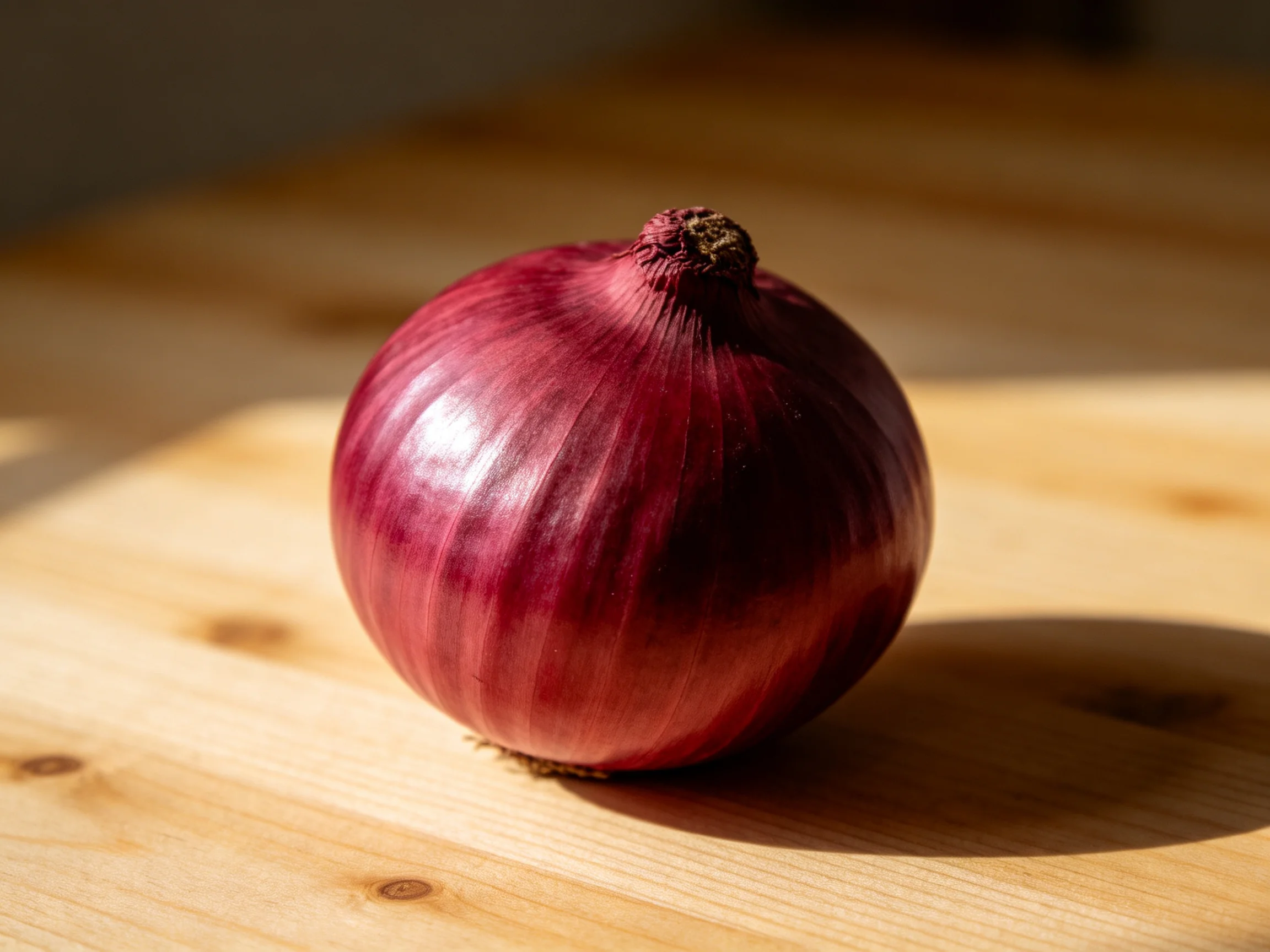 Single red onion placed on a light wooden cutting board