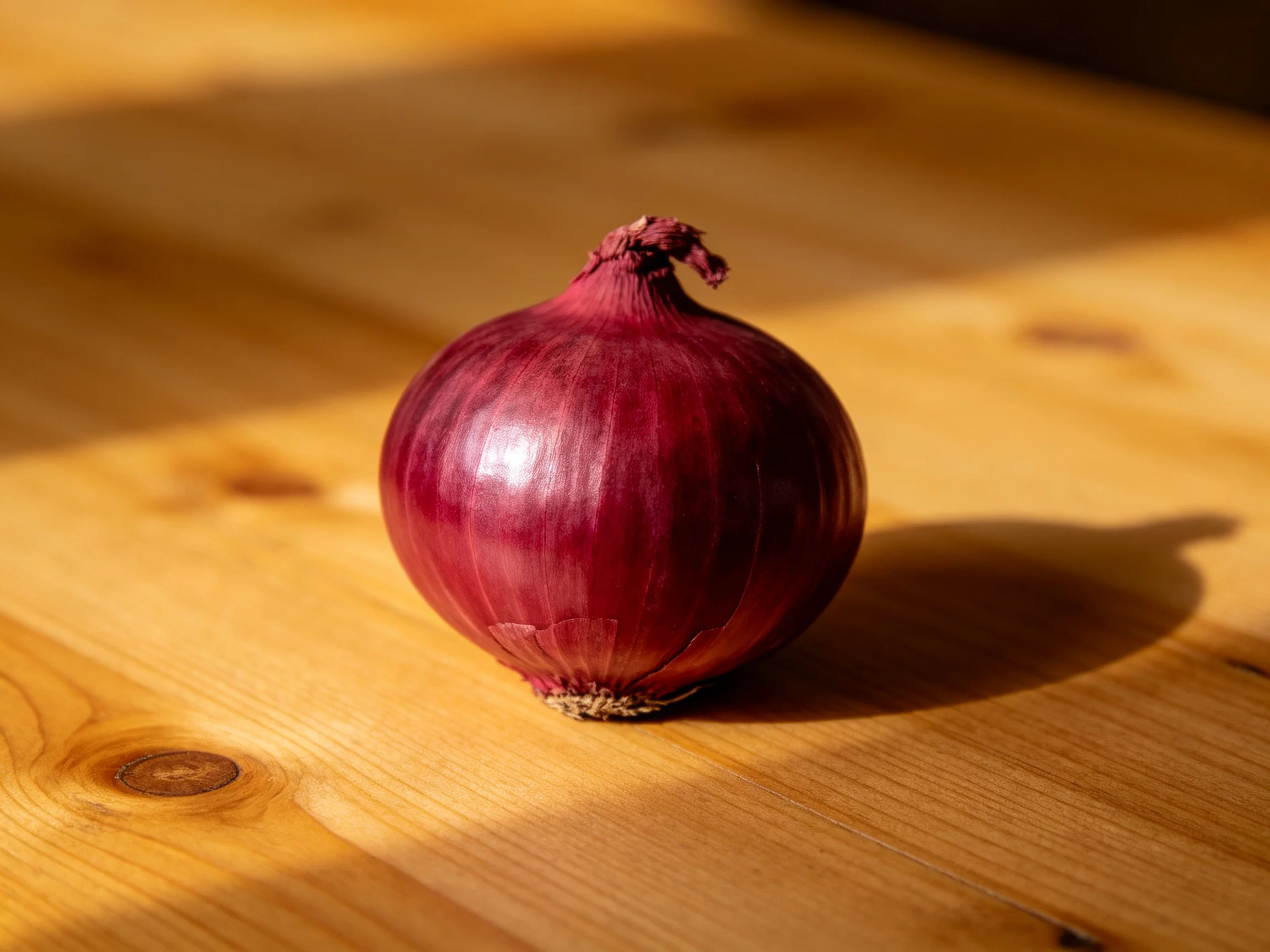 Single red onion rests on a polished wooden table