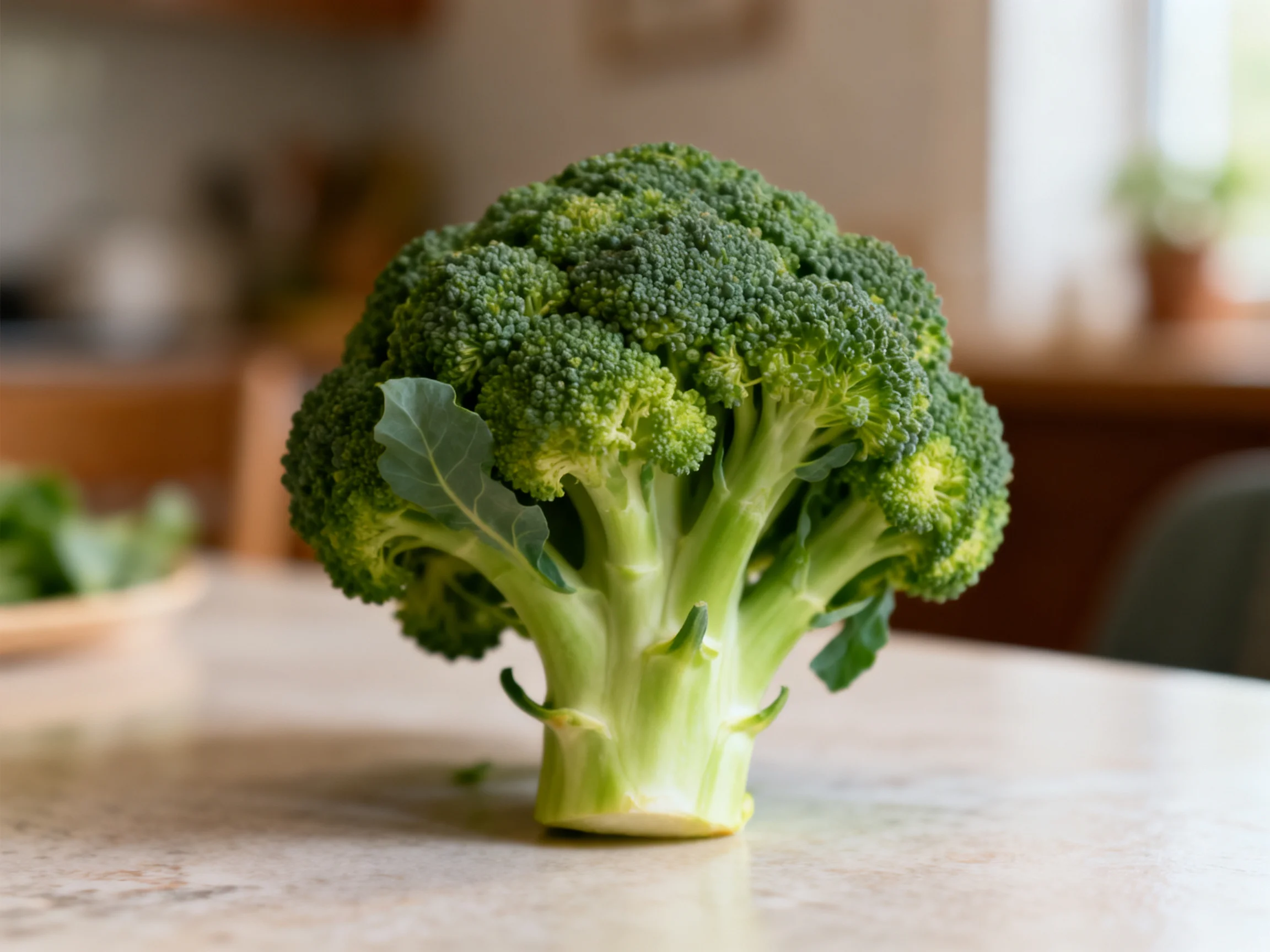 Single vibrant green broccoli head centered on a kitchen countertop