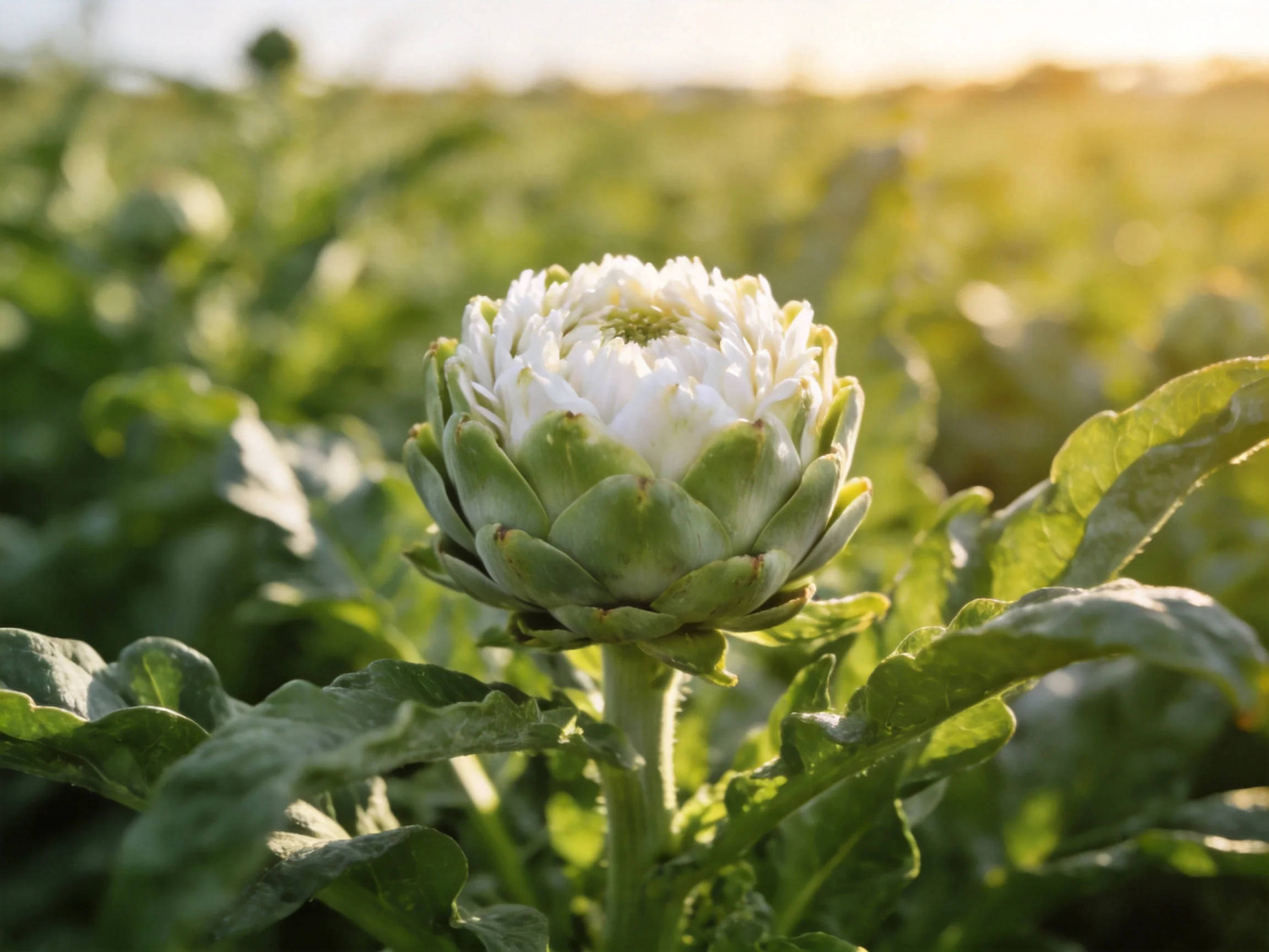Single white artichoke bloom amidst lush green foliage in sunlit field