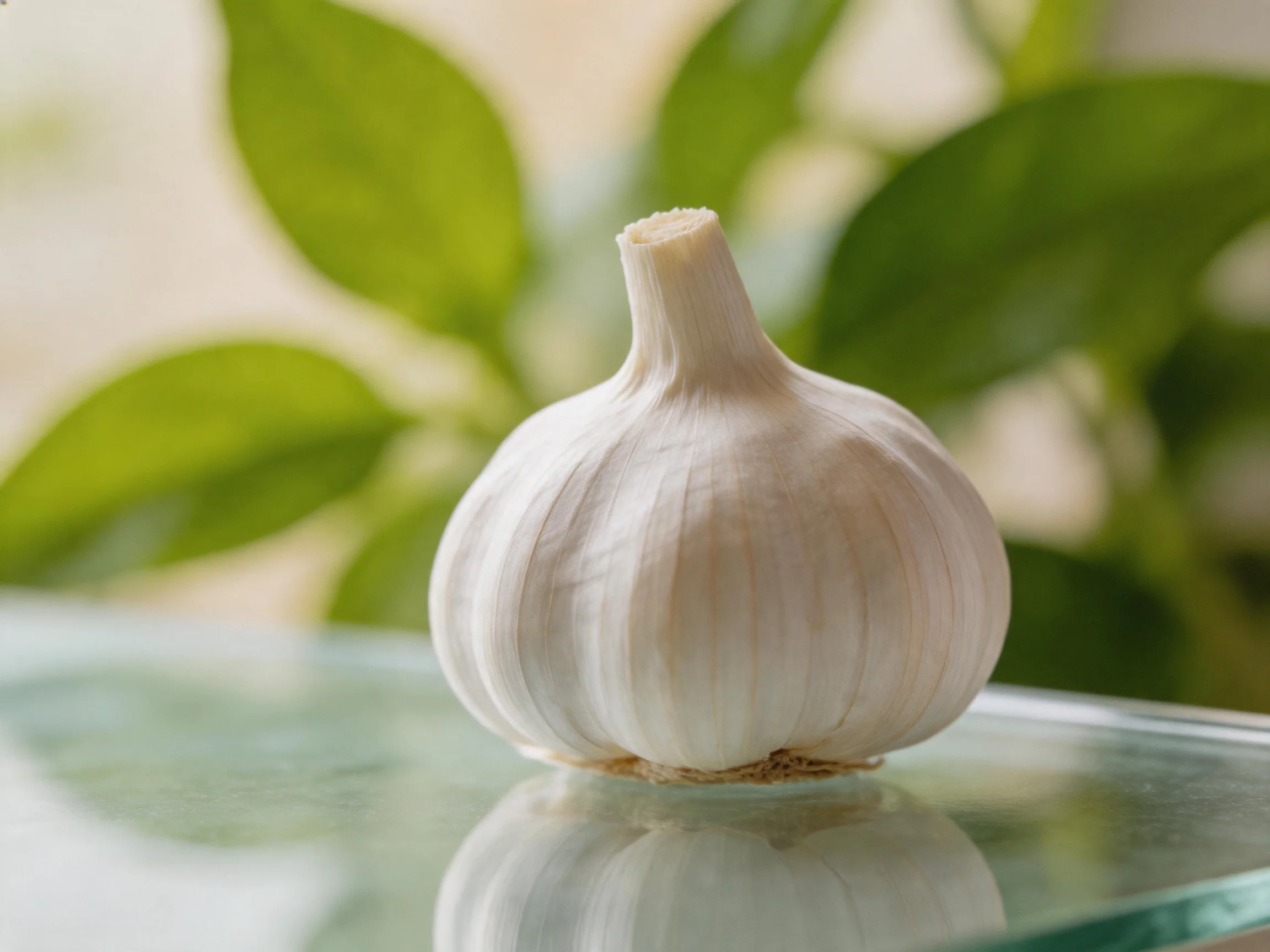 Single white garlic bulb on reflective glasssurface with green foliage