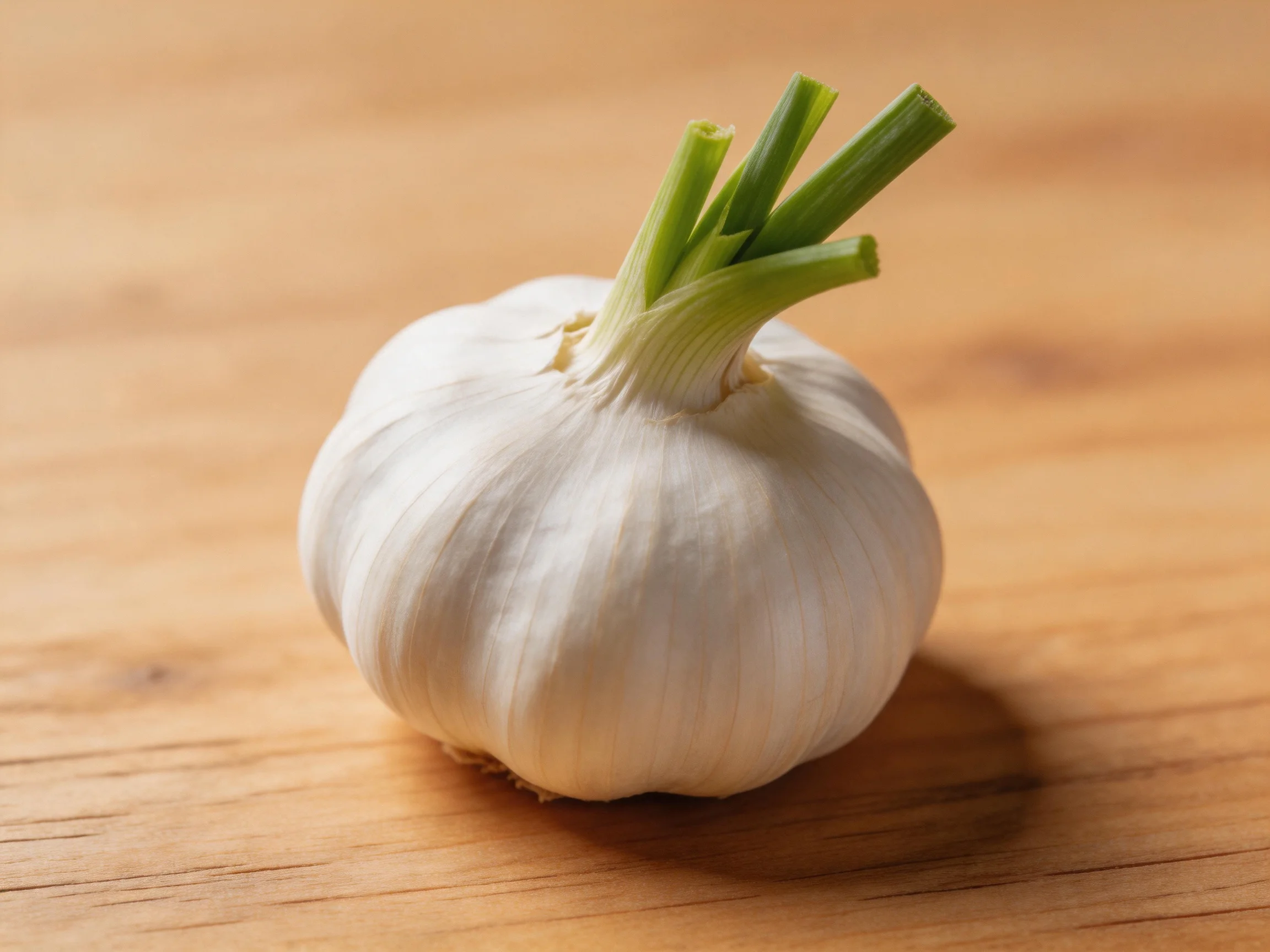 Single white garlic bulb with fresh green shoots on wooden surface