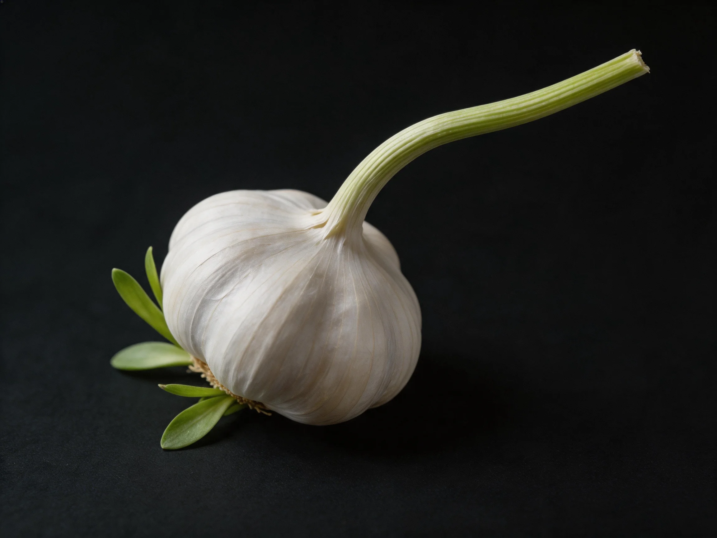 Single white garlic bulb with green stem and leaves on black surface