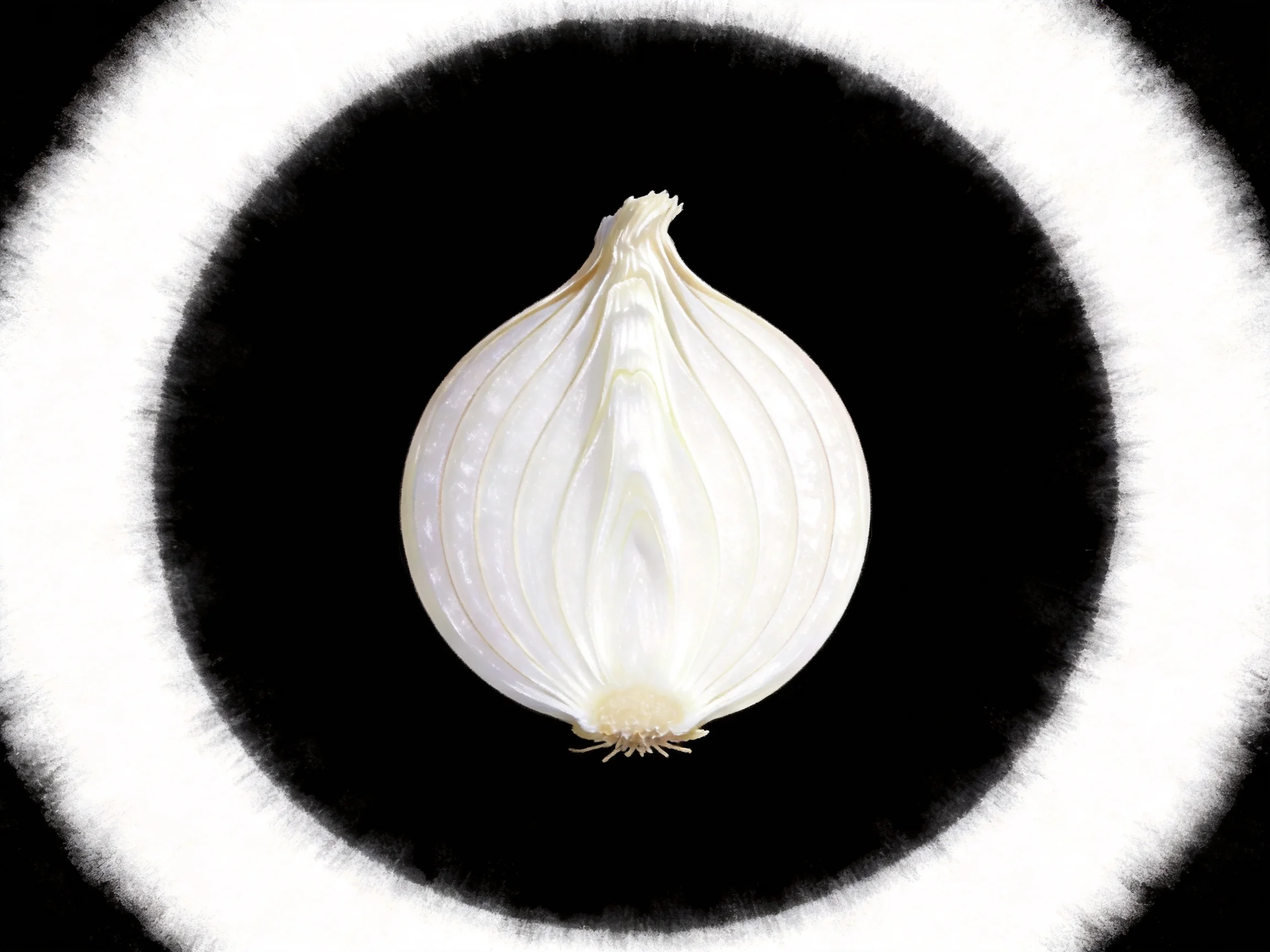 Single white onion centered on black background with circular white border