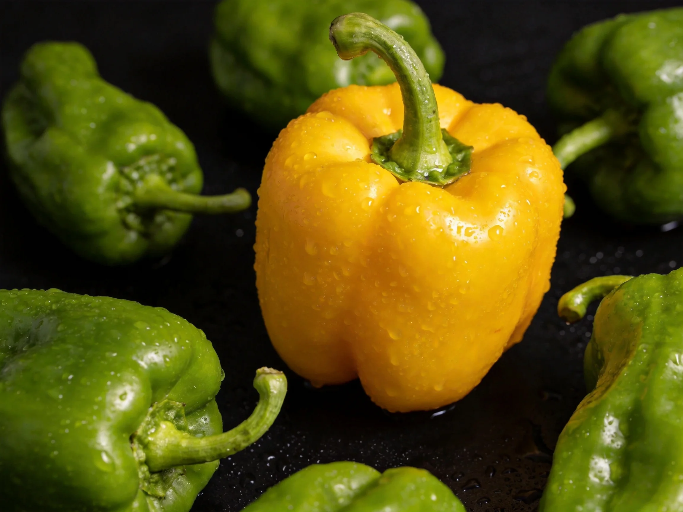 Single yellow bell pepper amid green peppers with water droplets