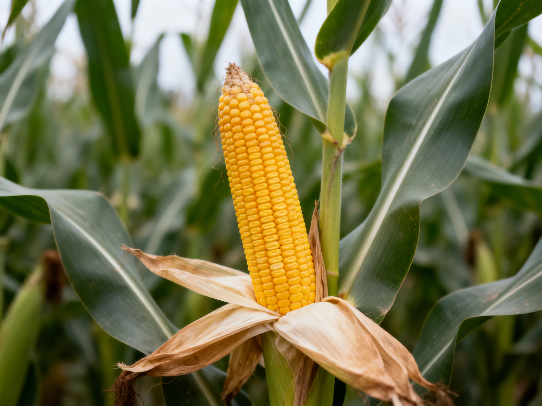Single yellow corn ear amidst tall green corn plants