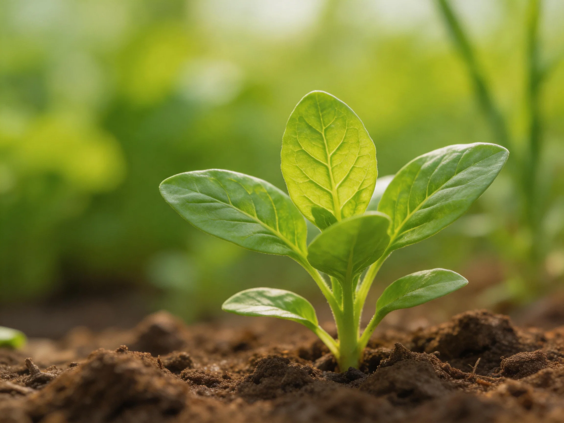 Single young plant with broad green leaves sprouting from rich brown soil