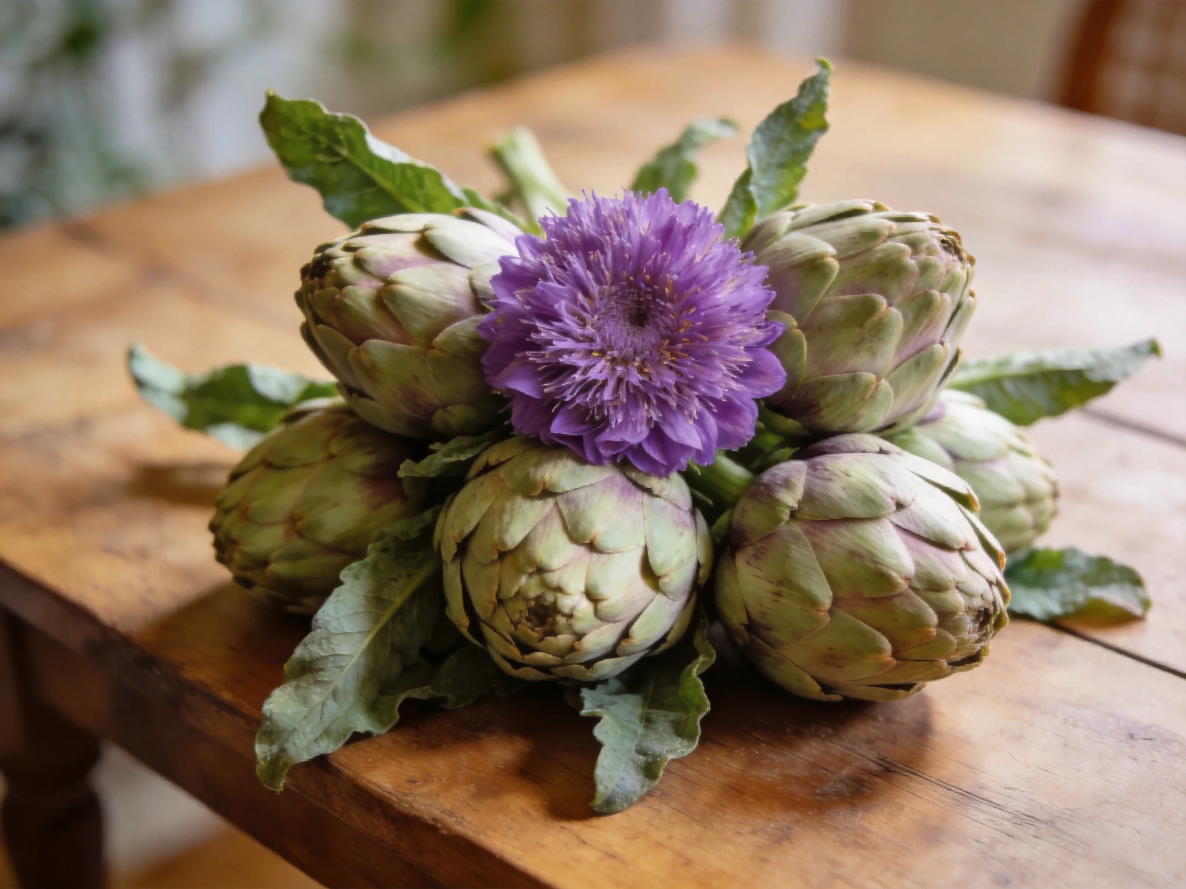 Six artichokes centered around a purple flower on a wooden table