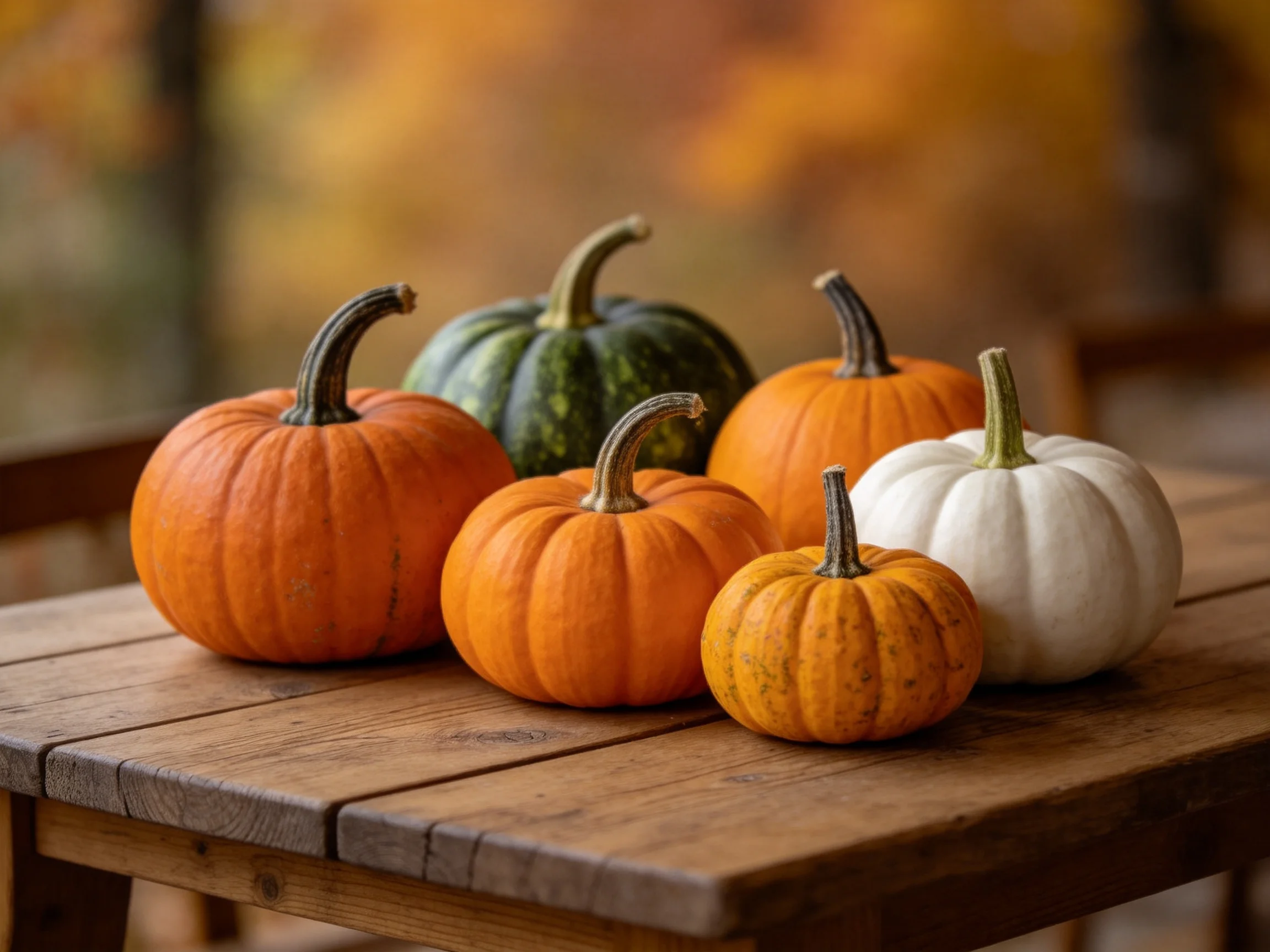 Six assorted colored mini pumpkins arranged on a rustic wooden table