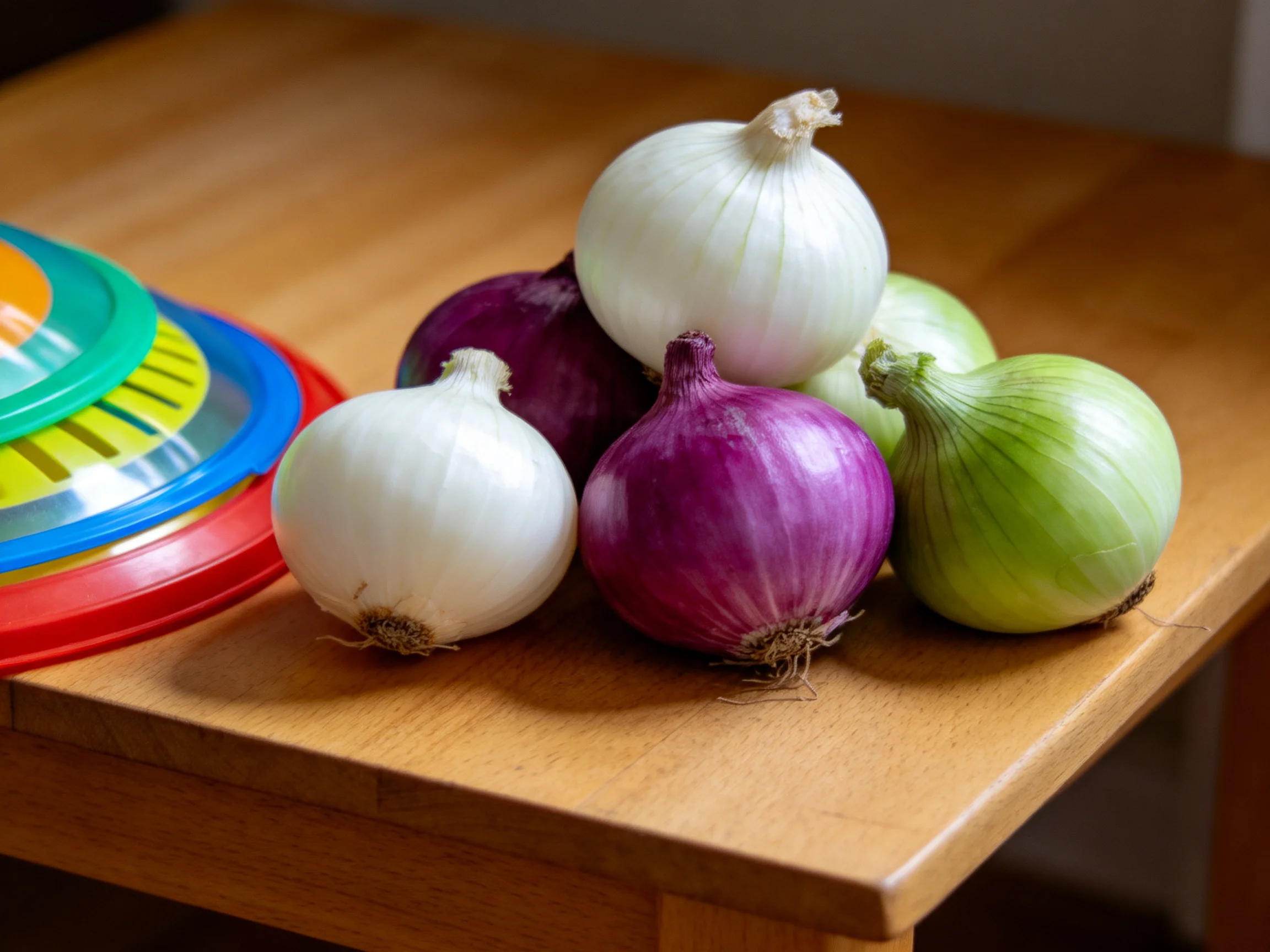 Six assorted-colored onions displayed on a wooden table with plastic storage lids