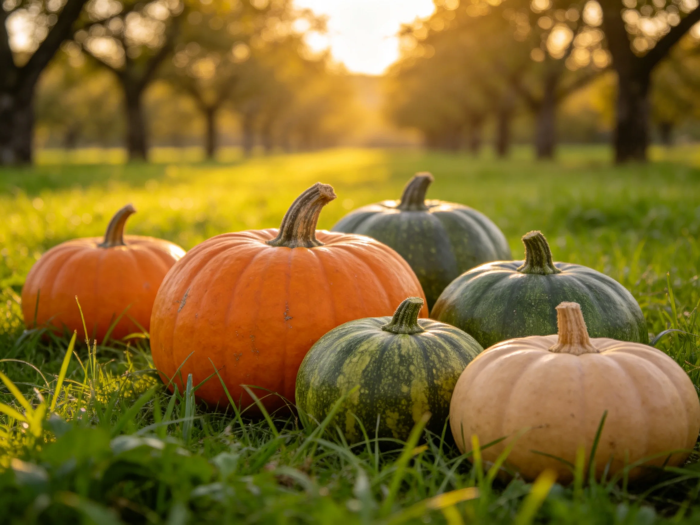 Six assorted-colored pumpkins rest on sun-drenched grass near tree-lined field