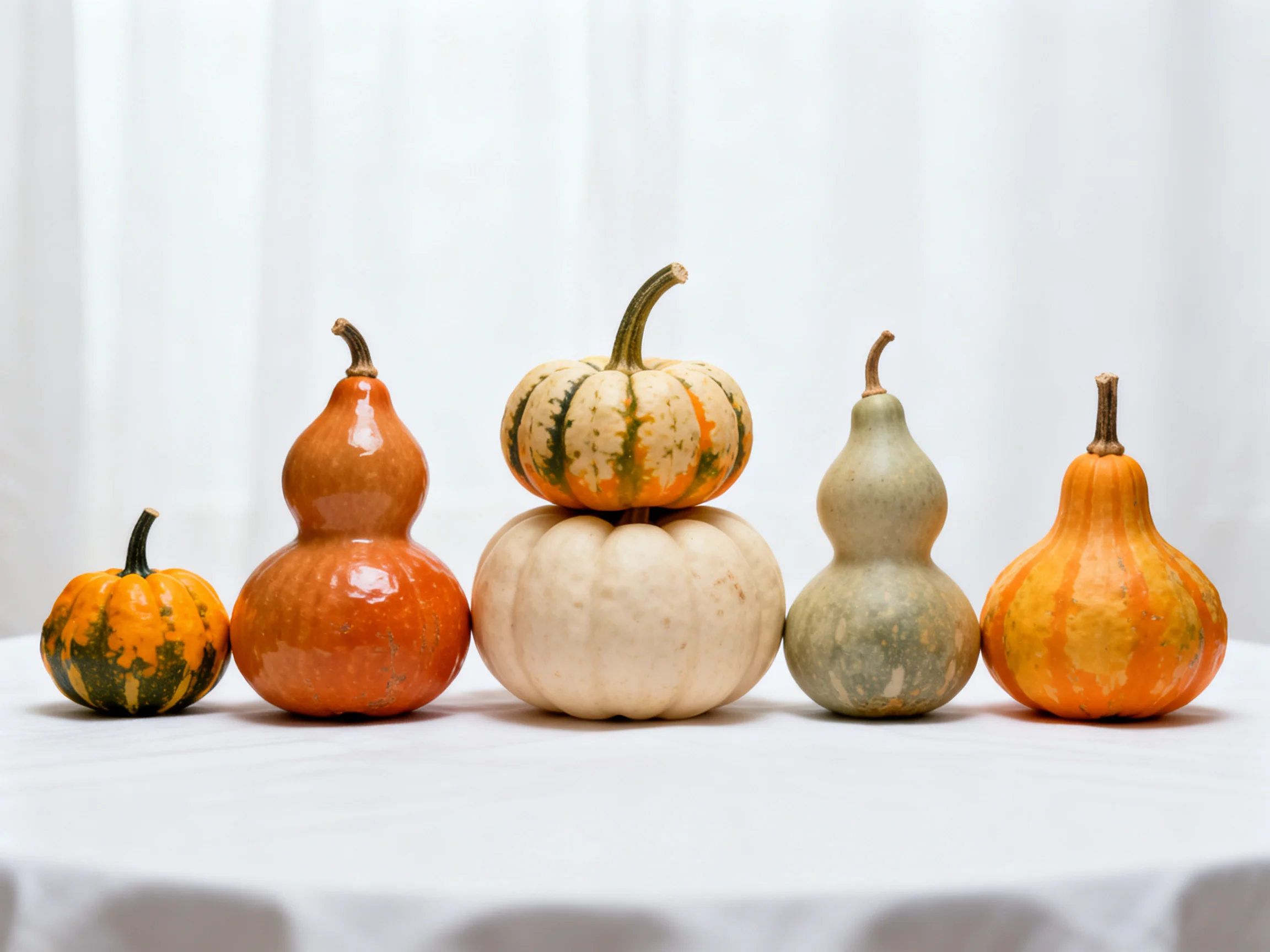 Six assorted gourds with unique shapes and earthy tones arranged on a white cloth