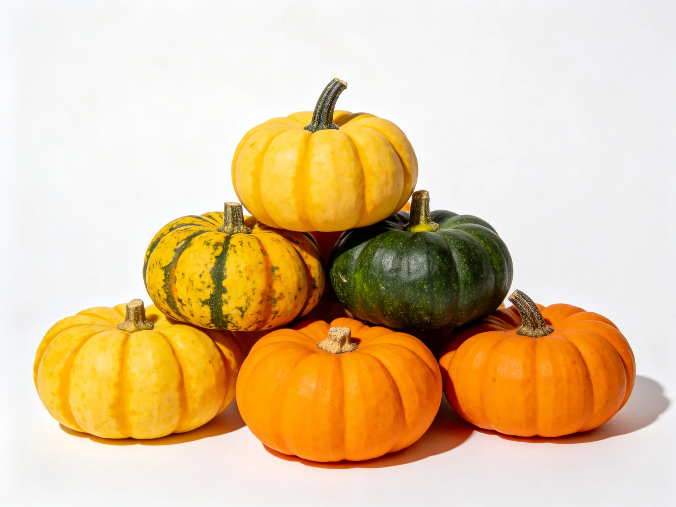 Six assorted mini pumpkins stacked in a pyramid with yellow, orange, and green varieties.