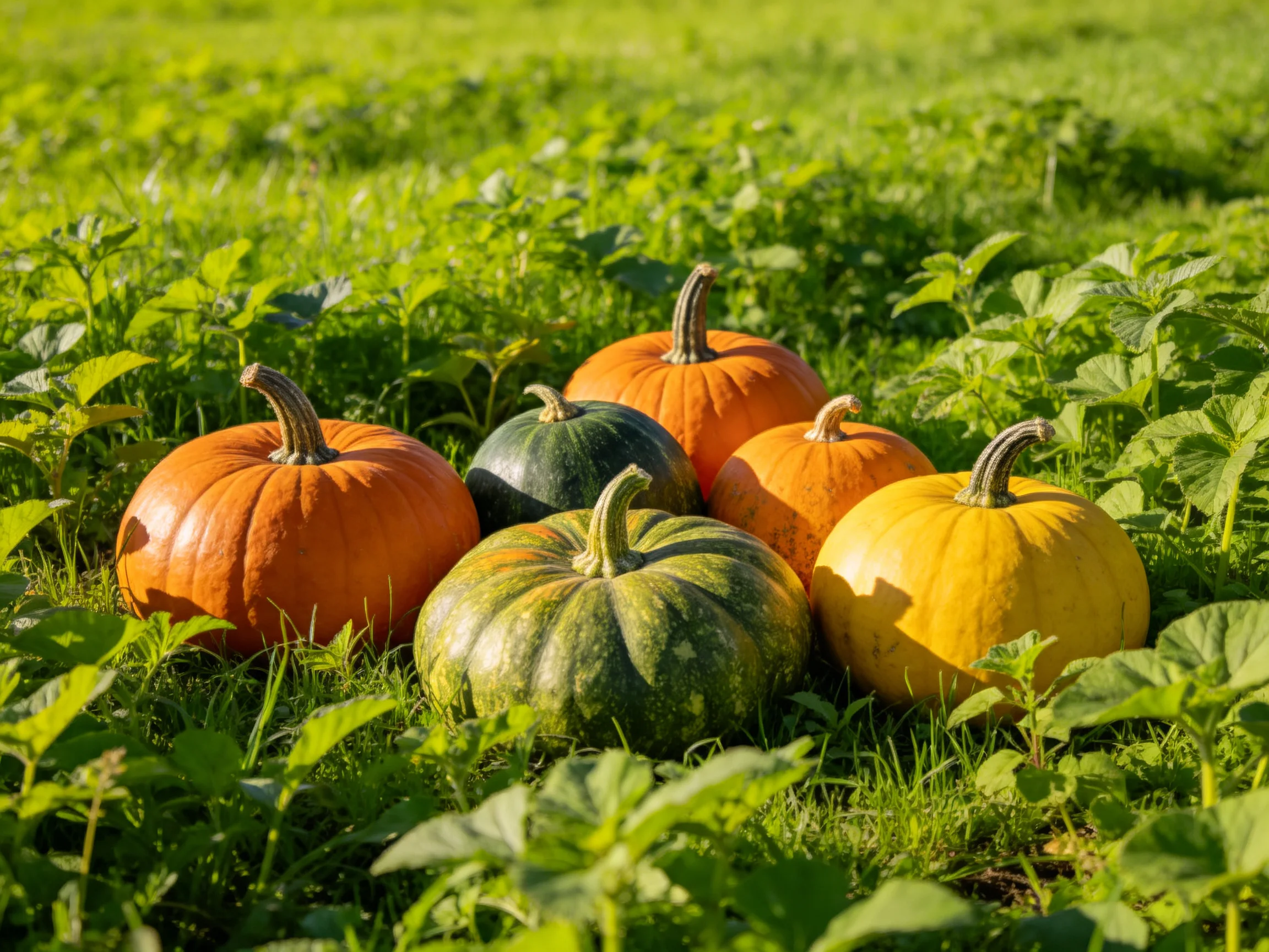Six assorted pumpkins—orange, yellow, green—resting in lush greenery