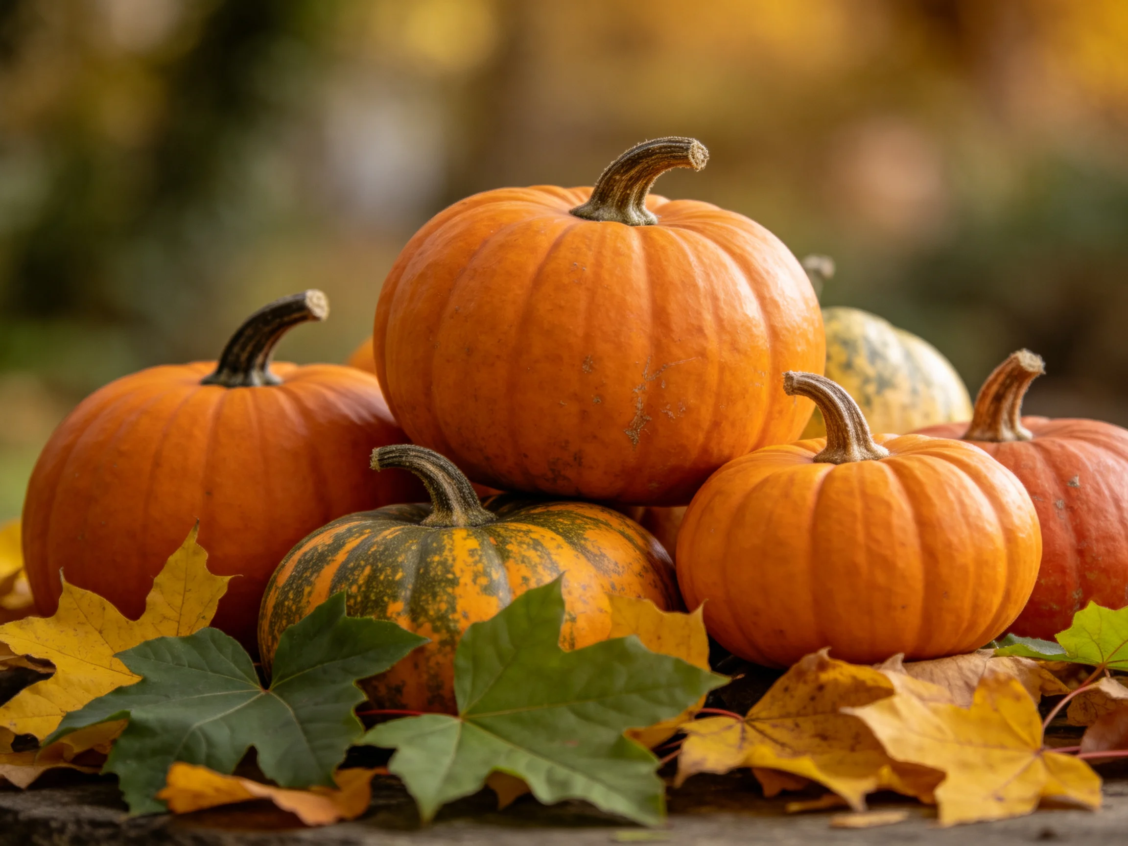 Six assorted pumpkins stacked with autumn leaves on a wooden surface