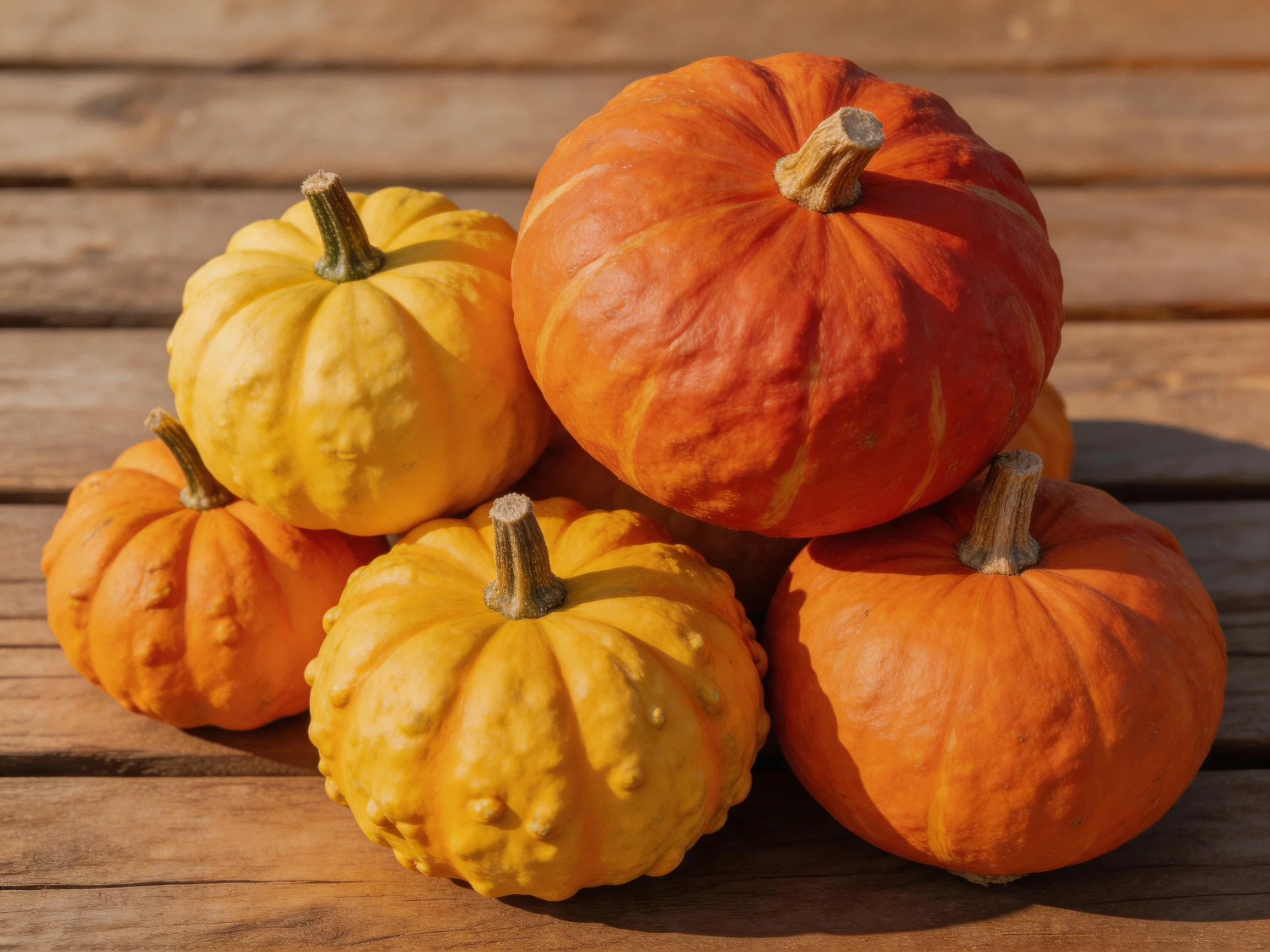 Six assorted-sized orange and yellow pumpkins arranged on wooden planks