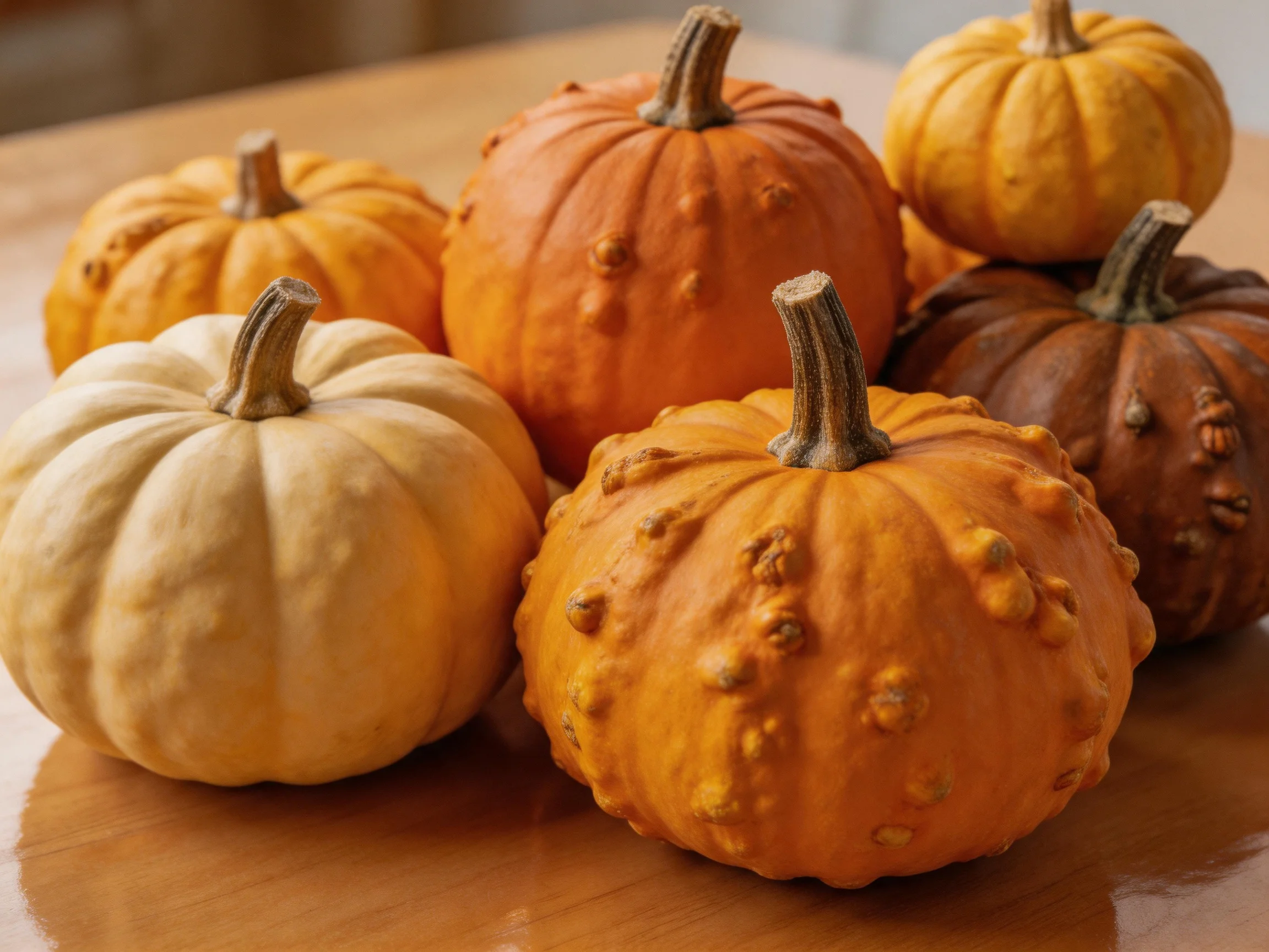Six assorted small pumpkins in varied autumn hues on a wooden surface