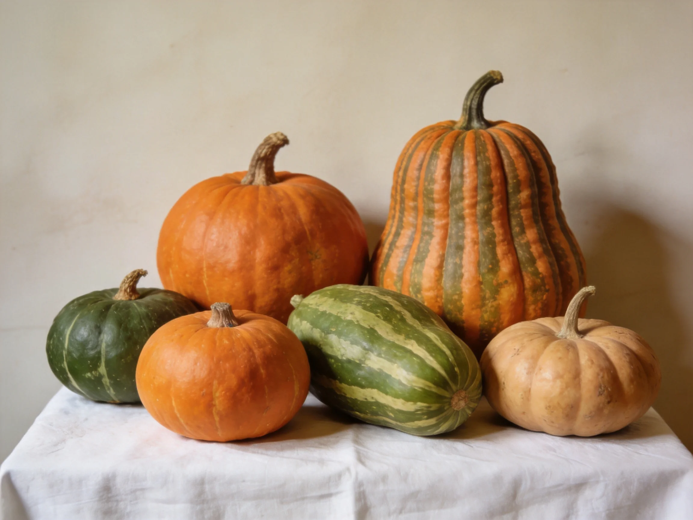 Six assorted squashes and pumpkins on a white cloth