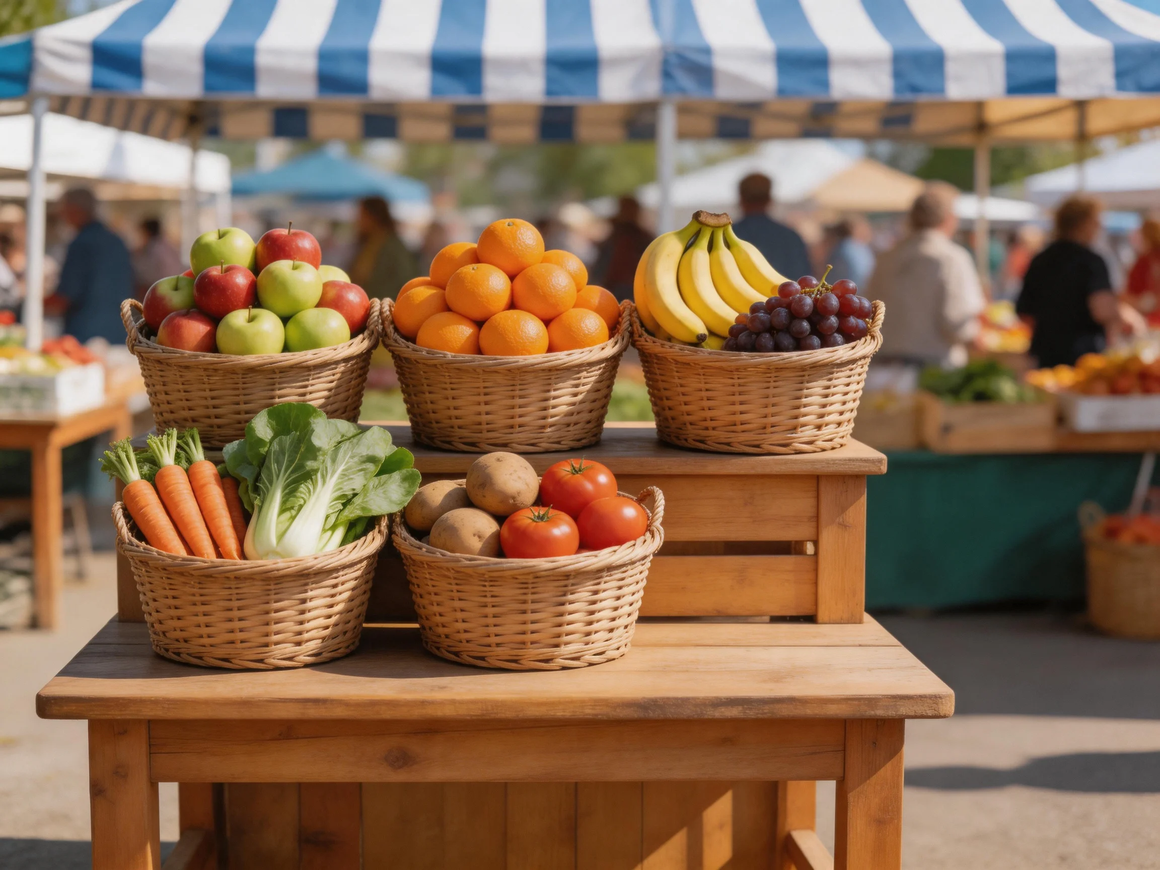 Six baskets of colorful produce arranged on wooden crates at outdoor market
