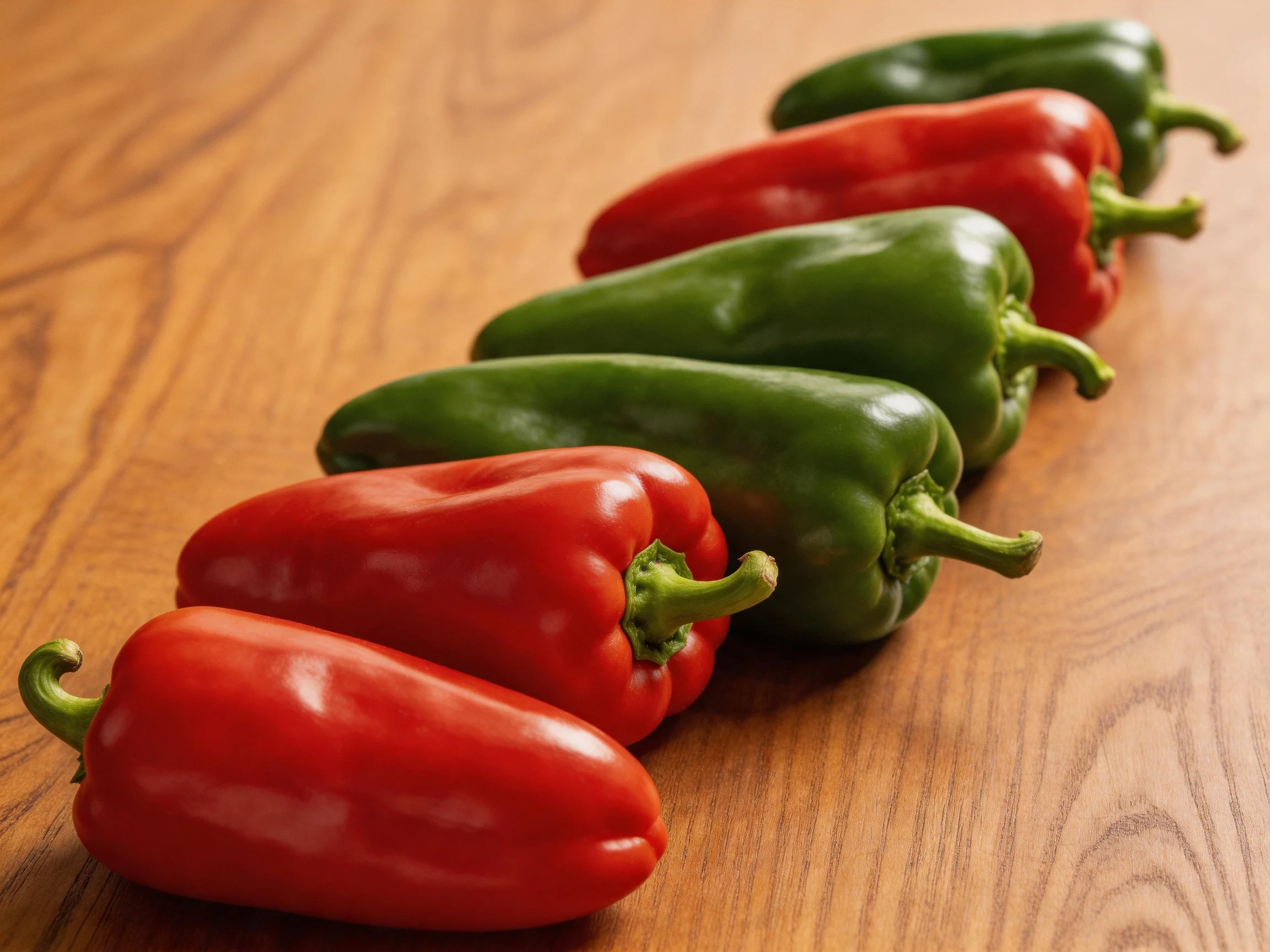 Six bell peppers arranged alternately red and green on a polished wooden table