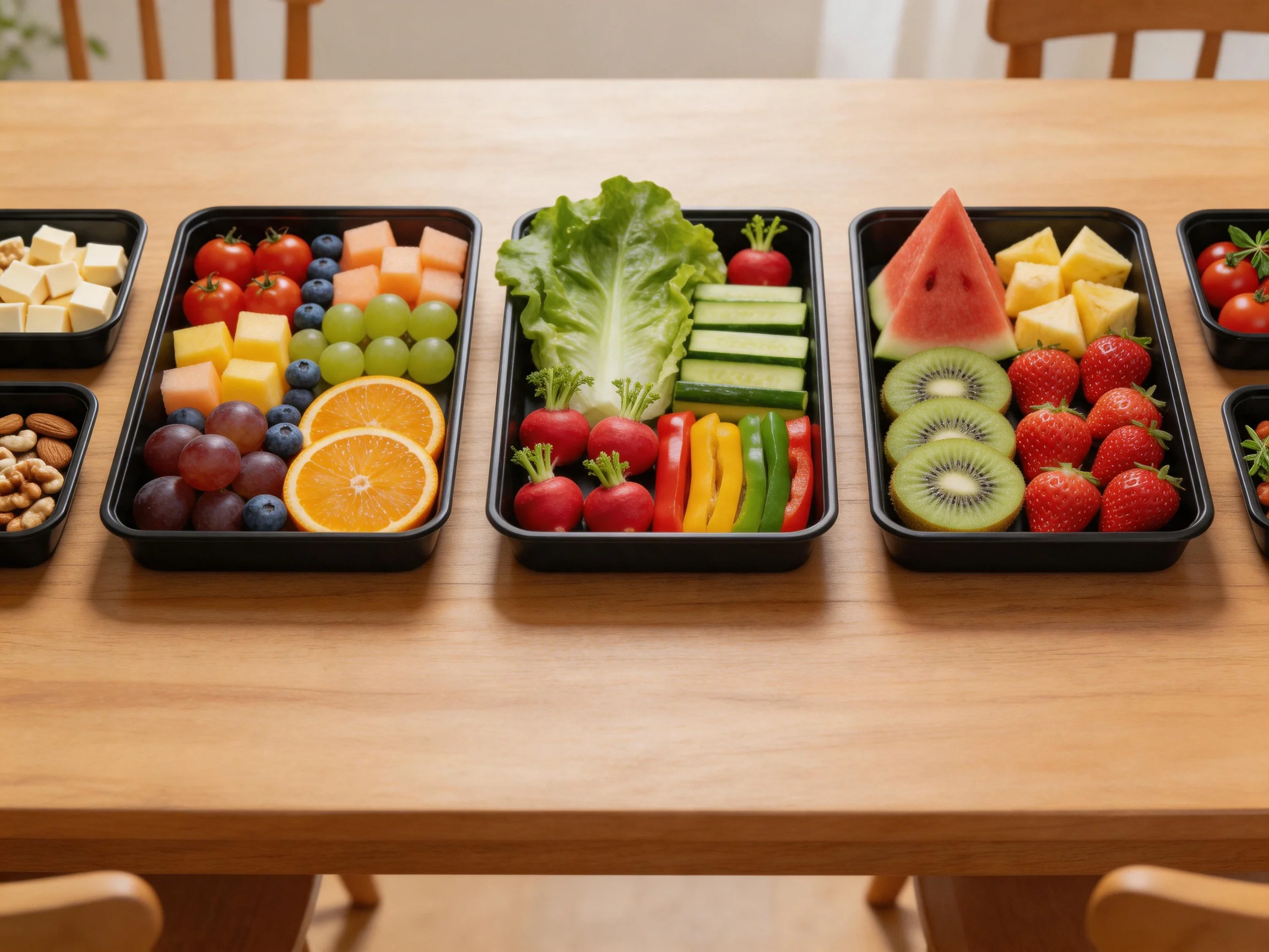 Six black containers displaying assorted fresh fruits and vegetables