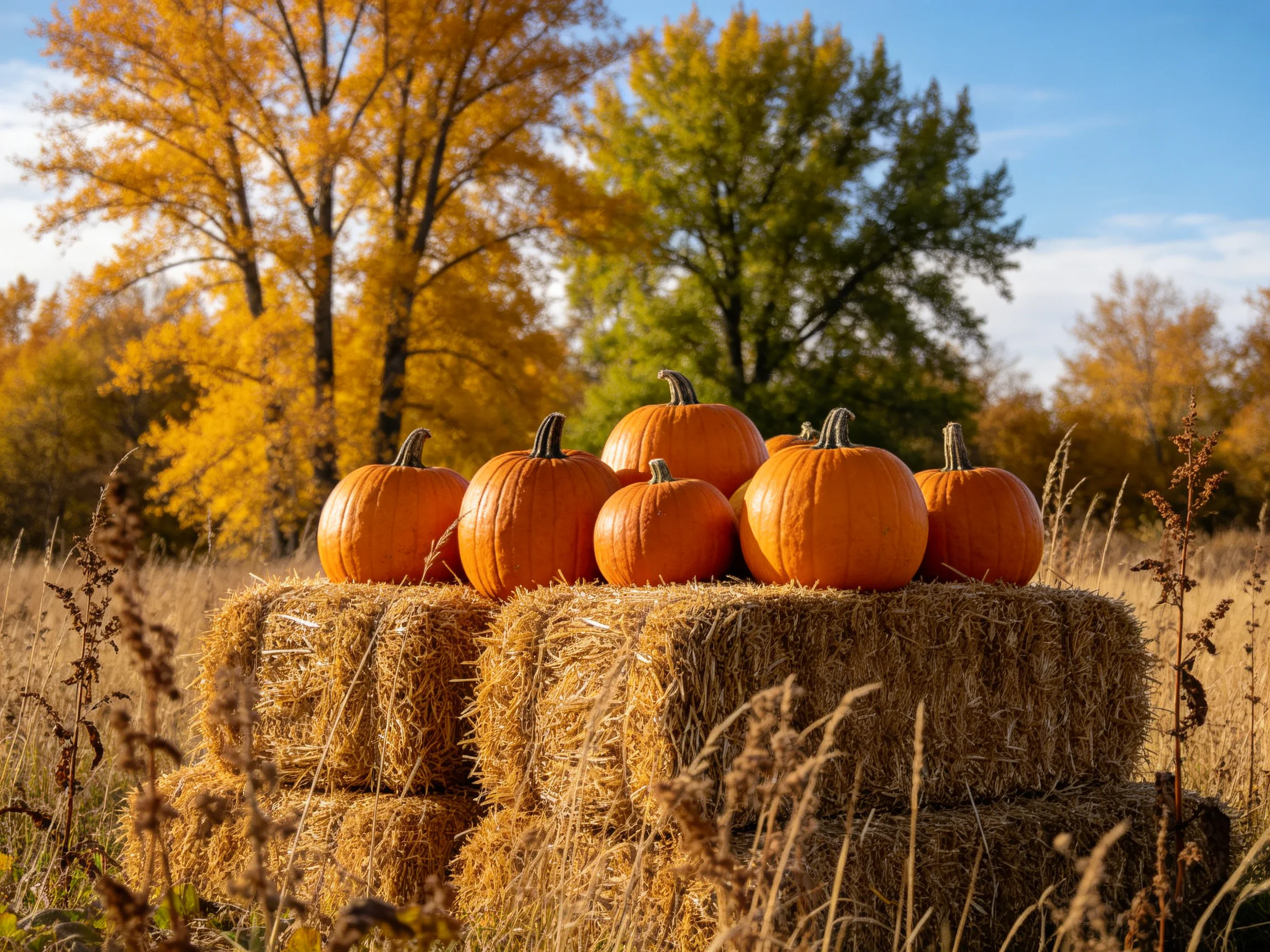 Six bright orange pumpkins atop stacked hay bales in golden autumn scenery