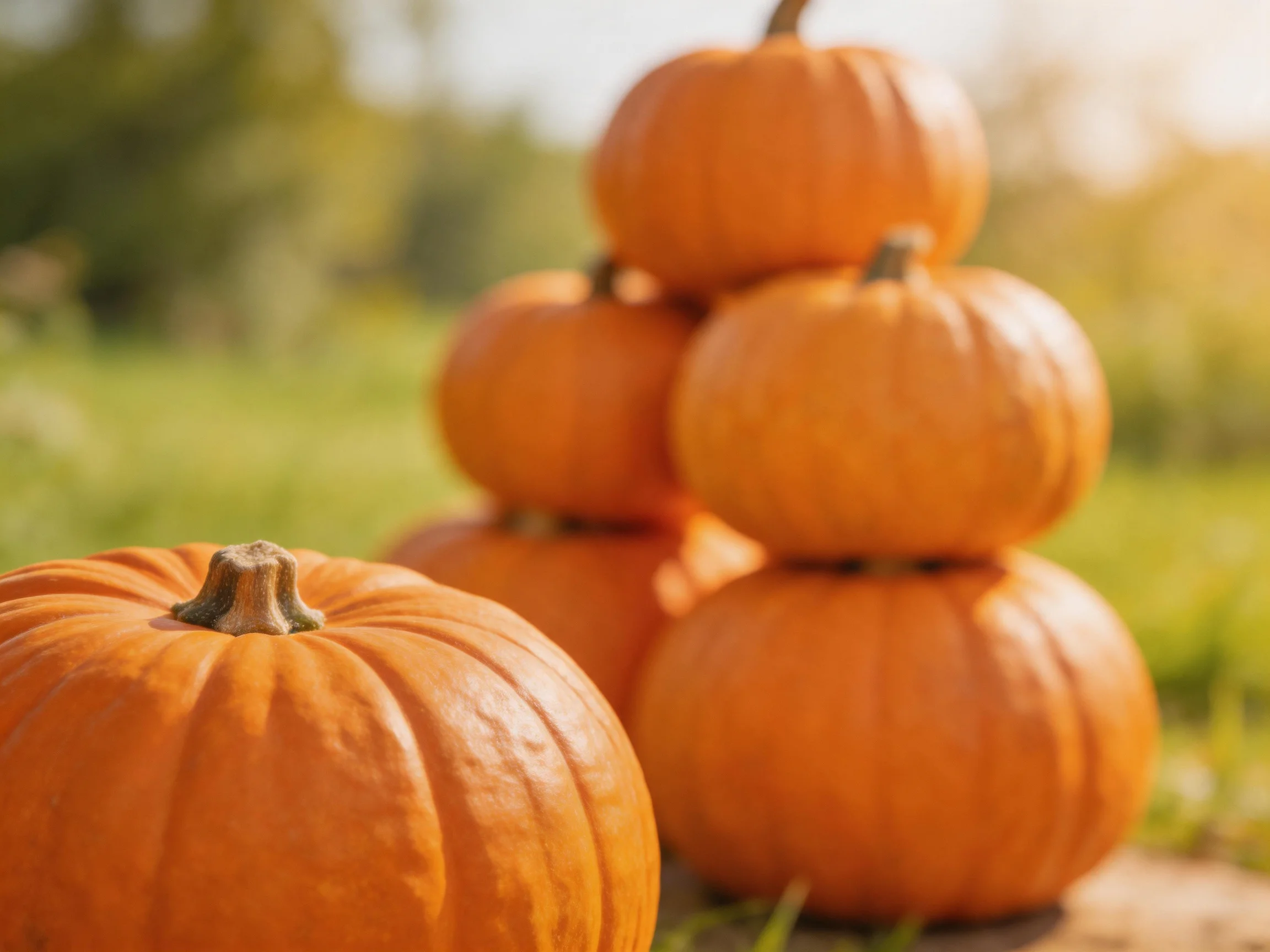 Six bright orange pumpkins stacked outdoors in a field