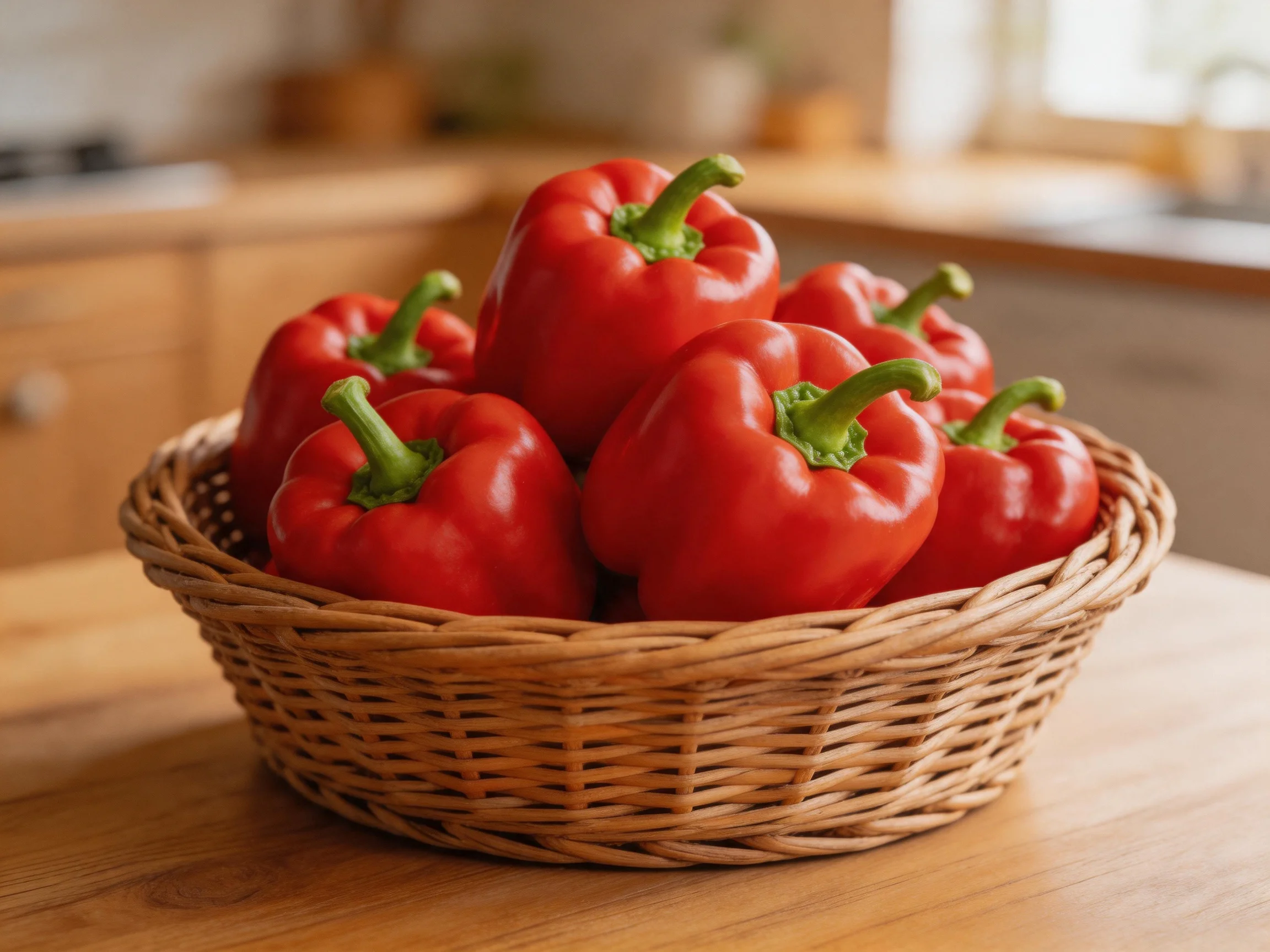 Six bright red bell peppers in a woven wicker basket