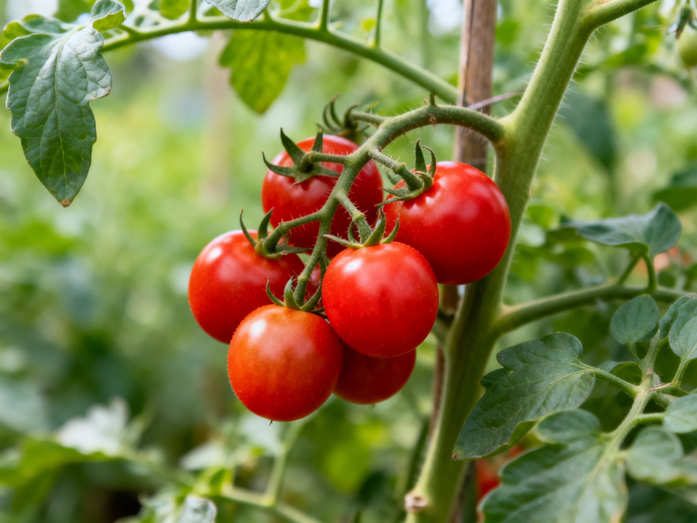 Six bright red cherry tomatoes cluster on a green vine among lush foliage