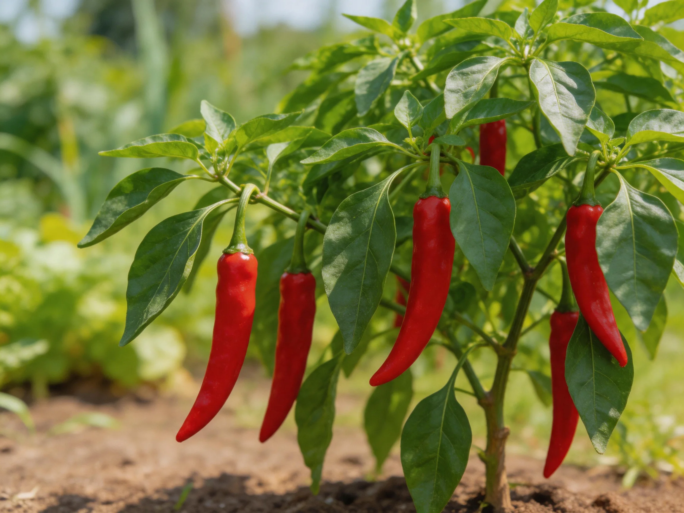 Six bright red chili peppers grow on a leafy green plant in an outdoor garden
