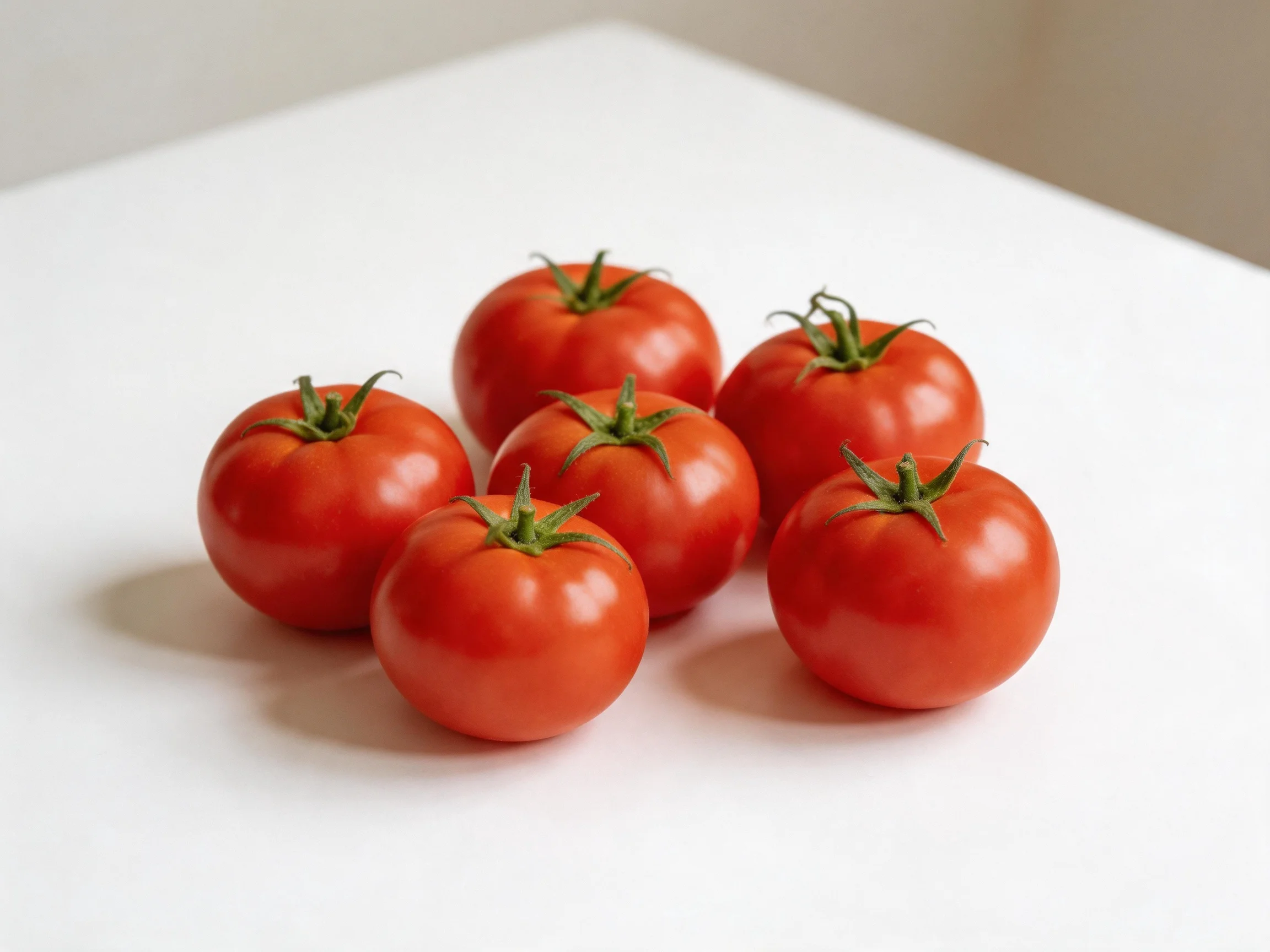 Six bright red tomatoes arranged on a white surface
