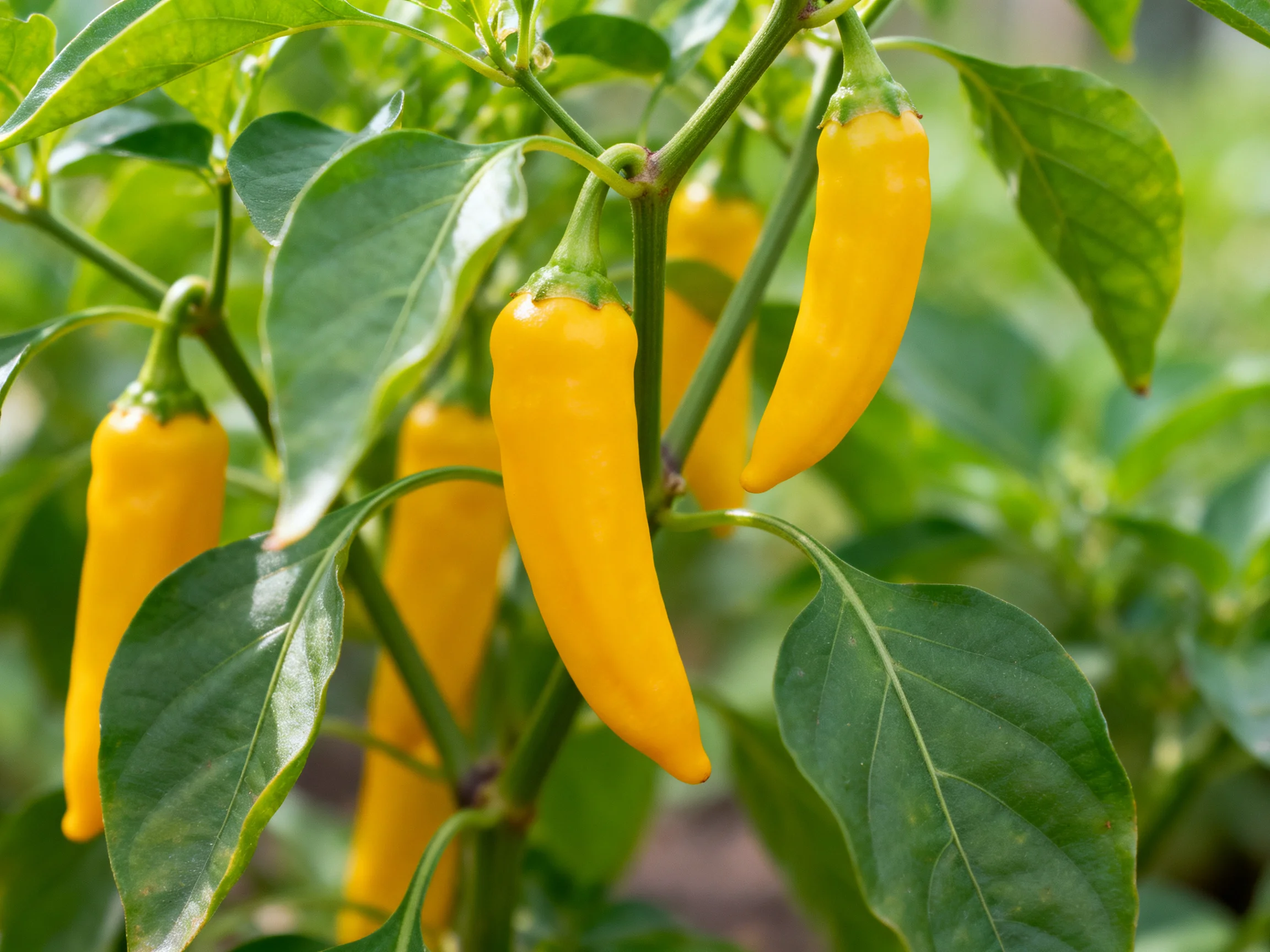 Six bright yellow chili peppers grow among lush green foliage