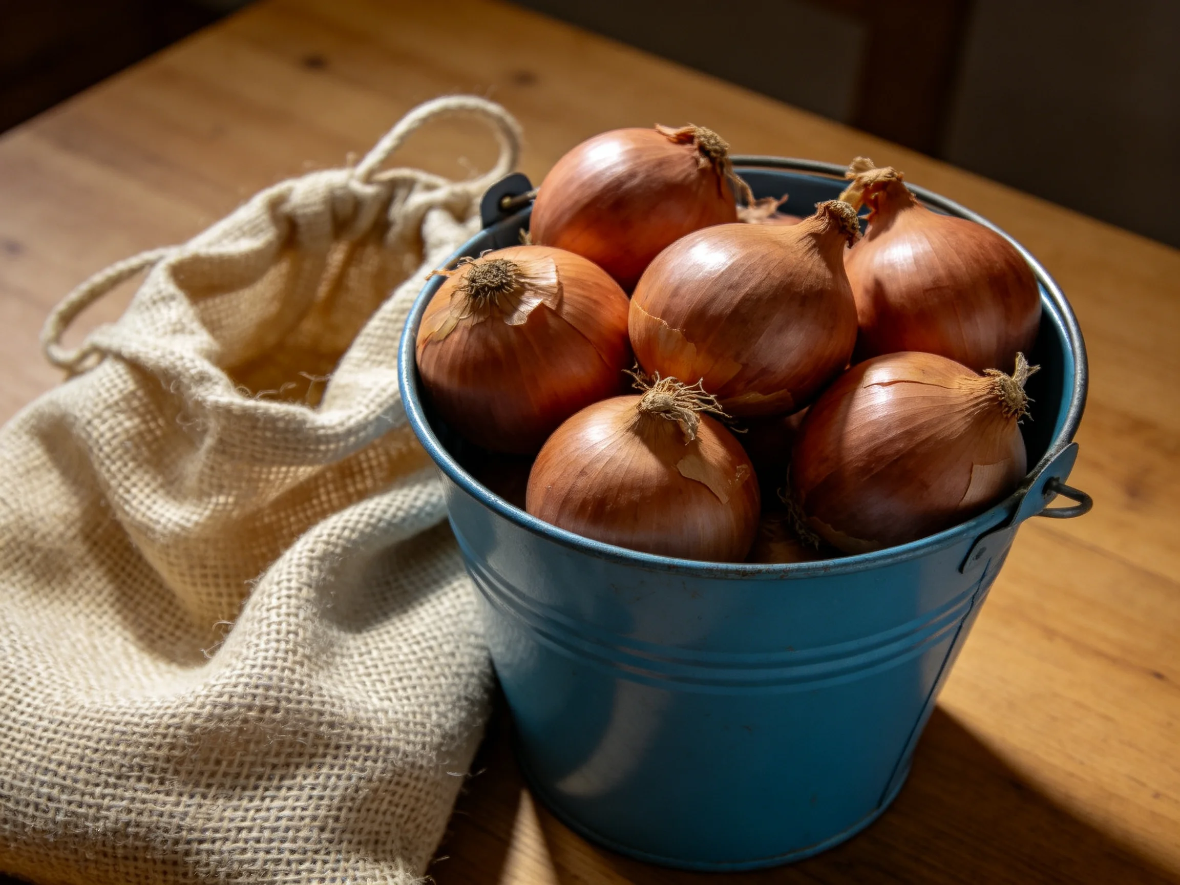 Six brown onions in a blue metal bucket beside a beige burlap sack