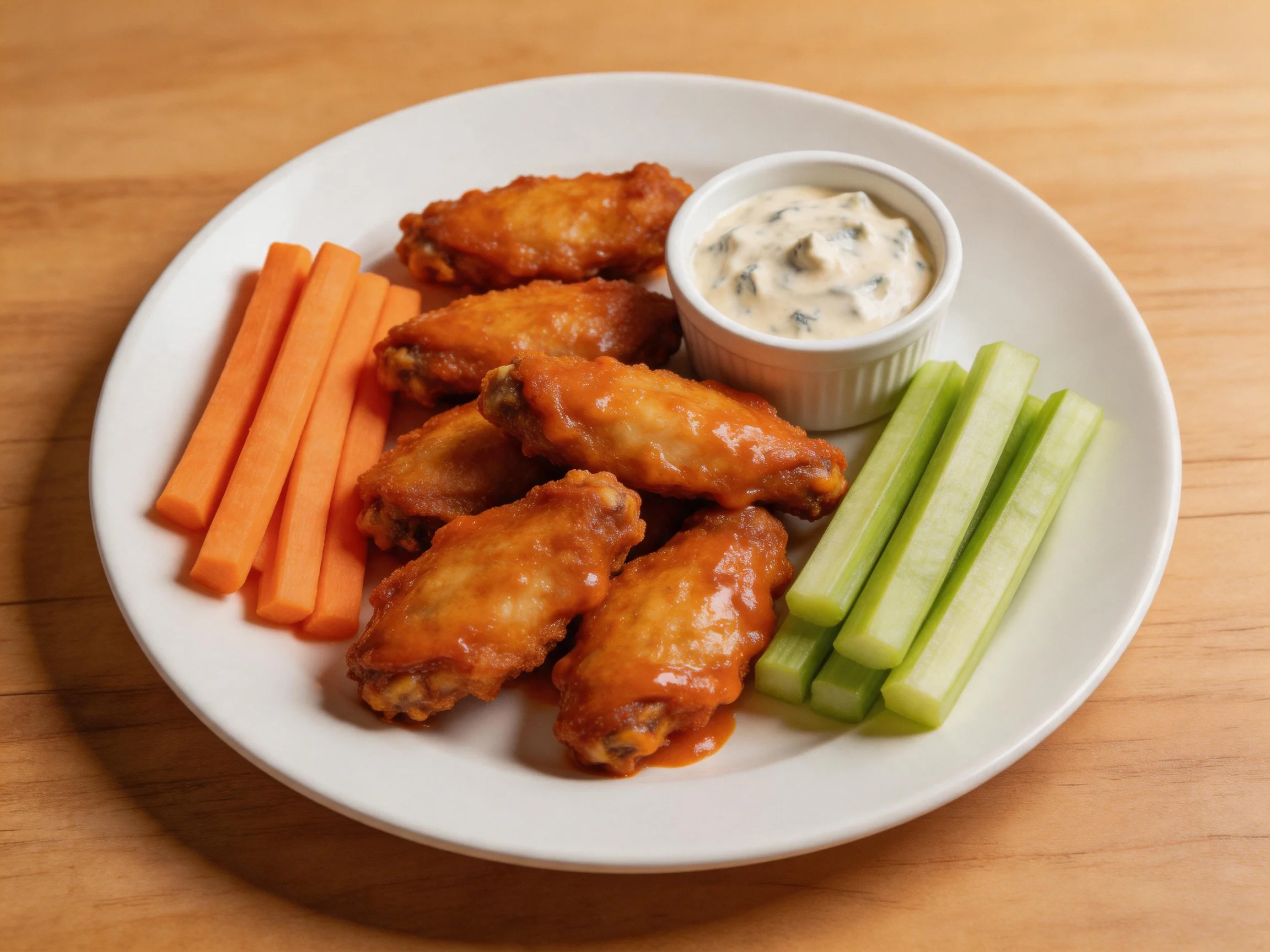 Six buffalo chicken wings served with carrot sticks, celery stalks, and dip
