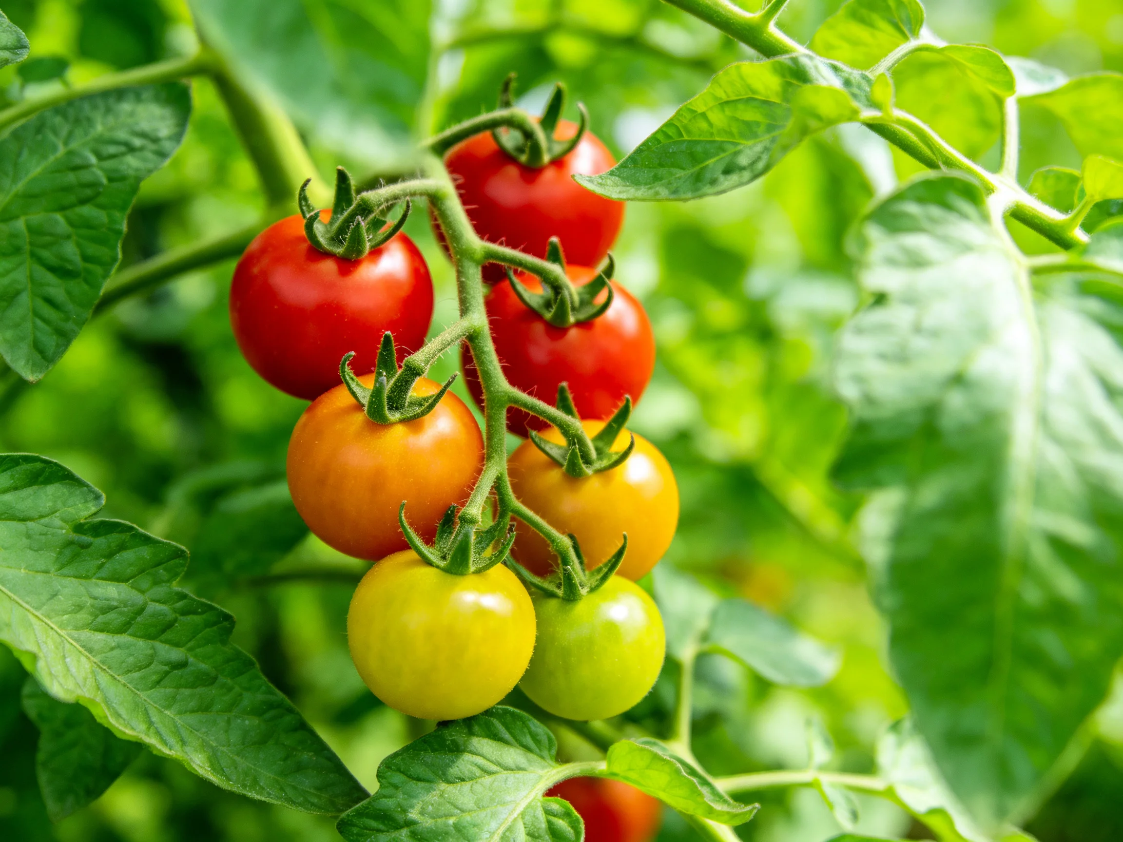 Six cherry tomatoes in red, orange, and green stages growing on a vine
