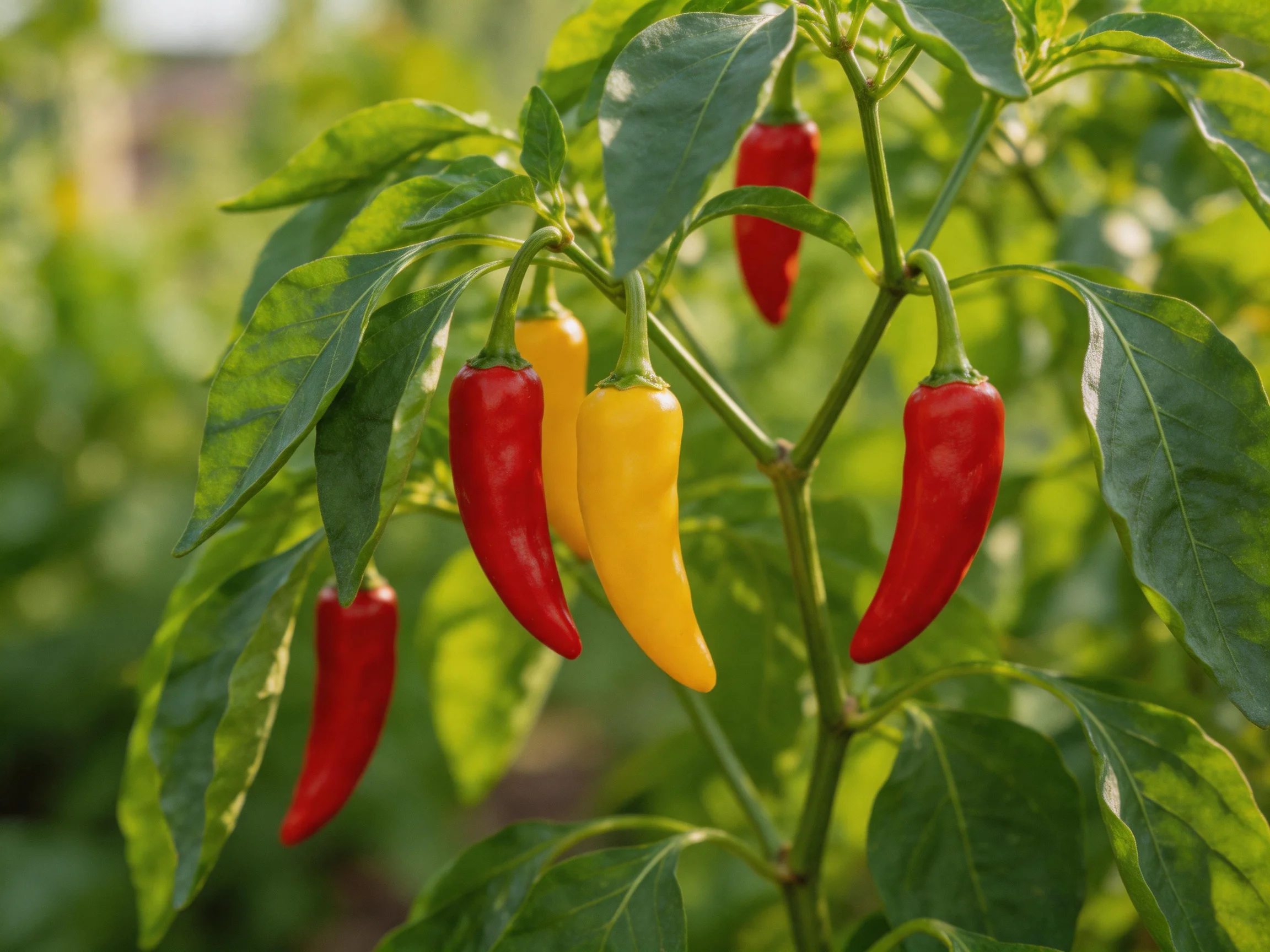 Six chili peppers, red and yellow, hang from lush green foliage.